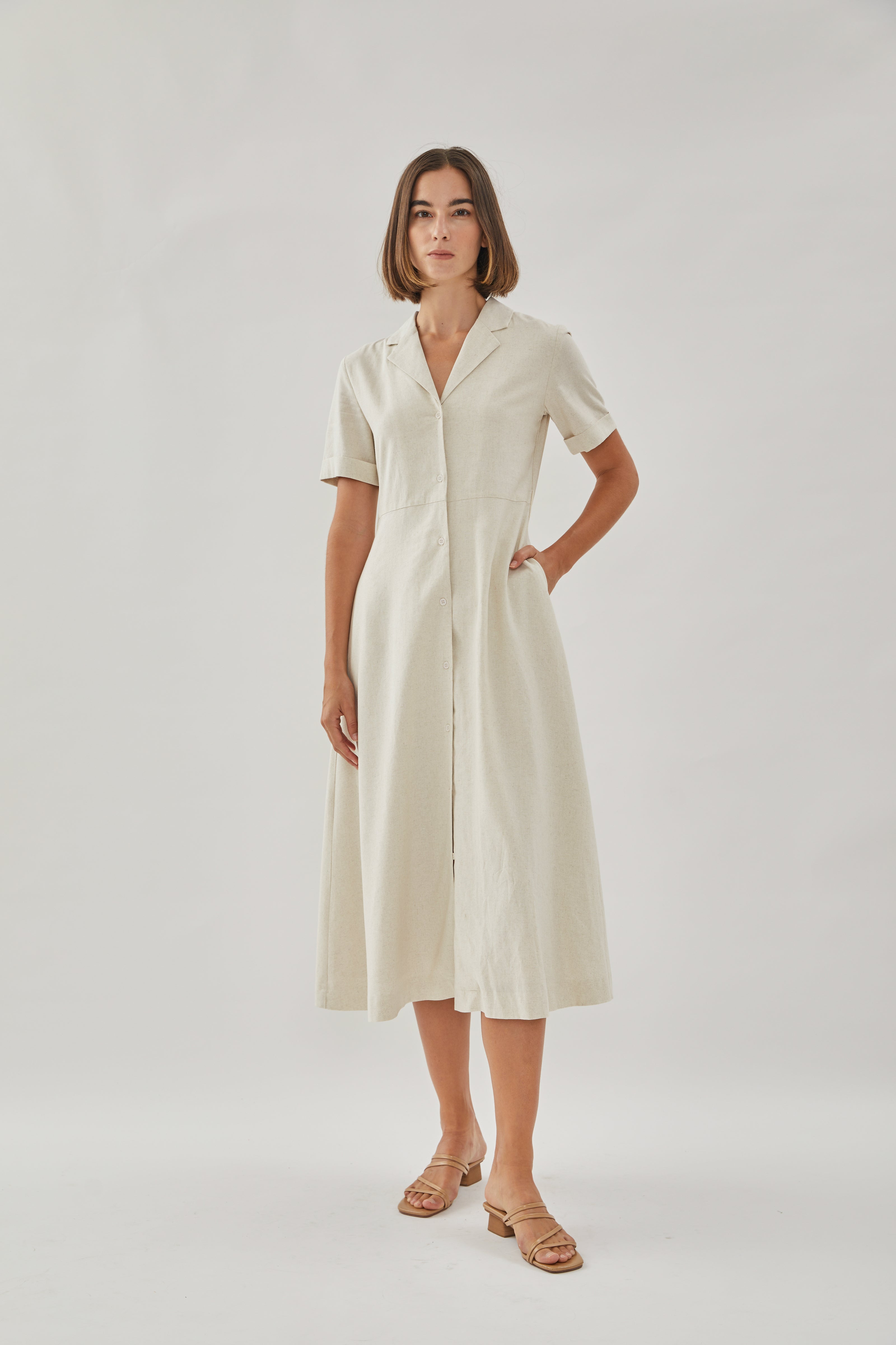 Collared Linen Midi Dress in Natural