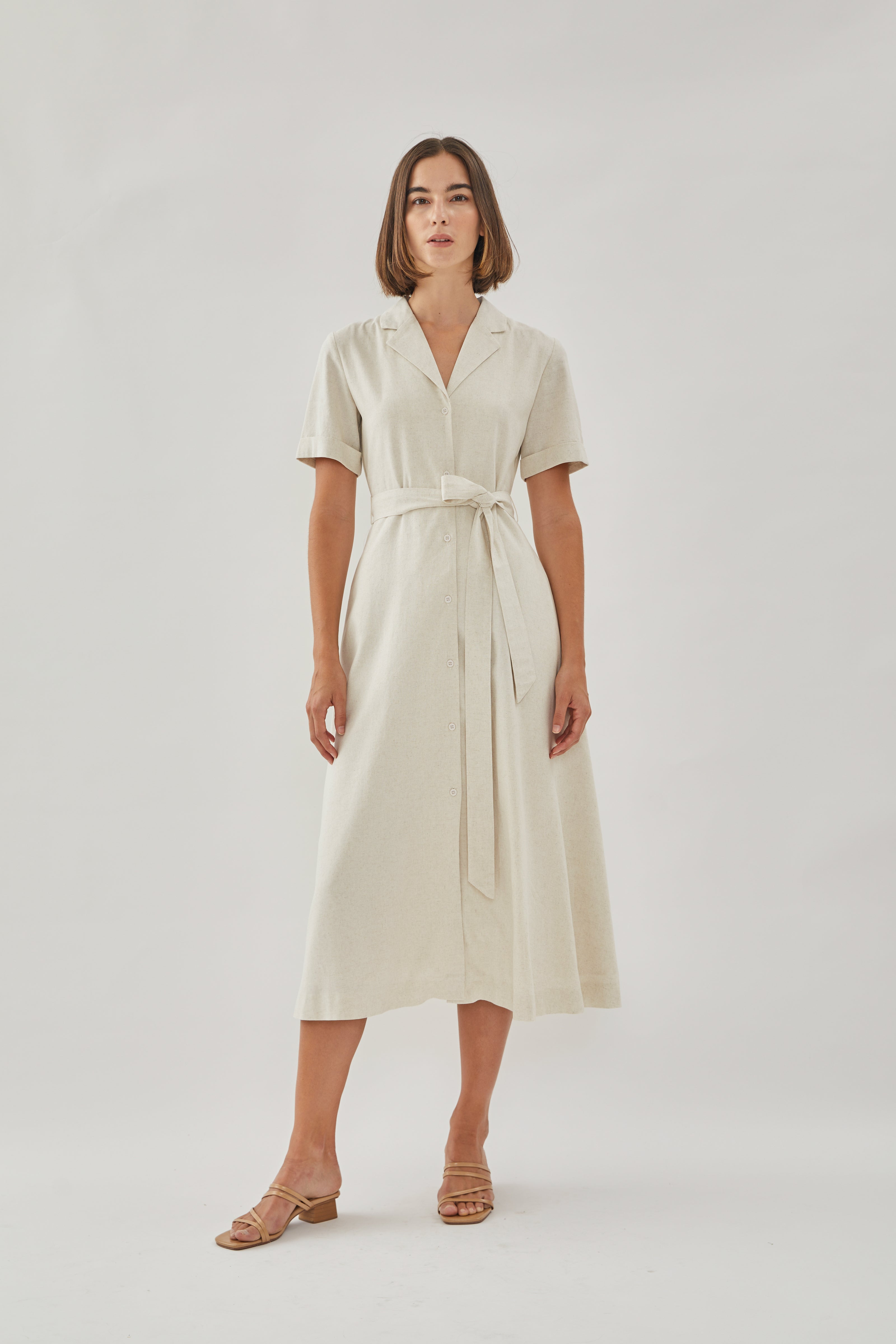 Collared Linen Midi Dress in Natural