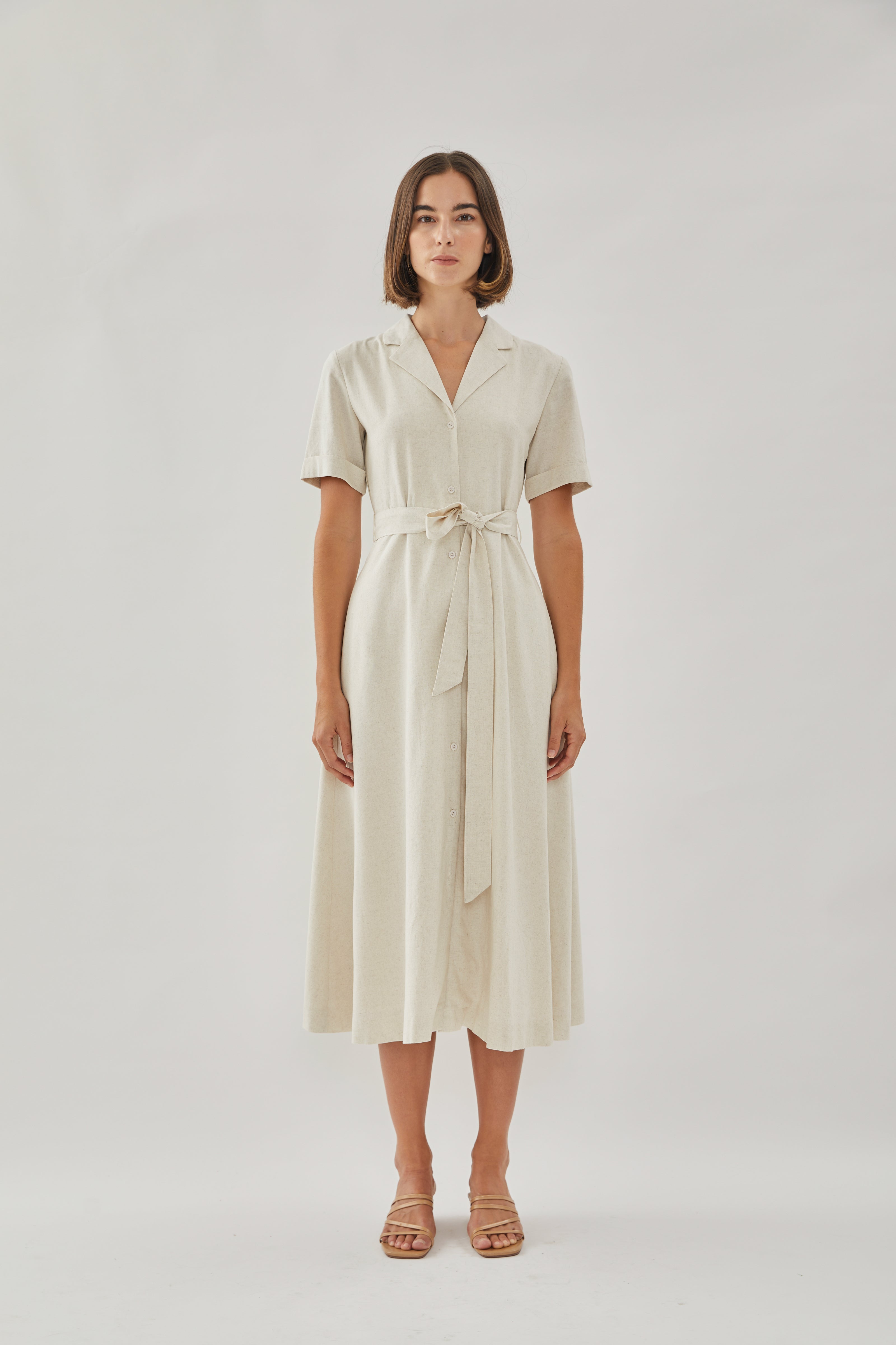 Collared Linen Midi Dress in Natural