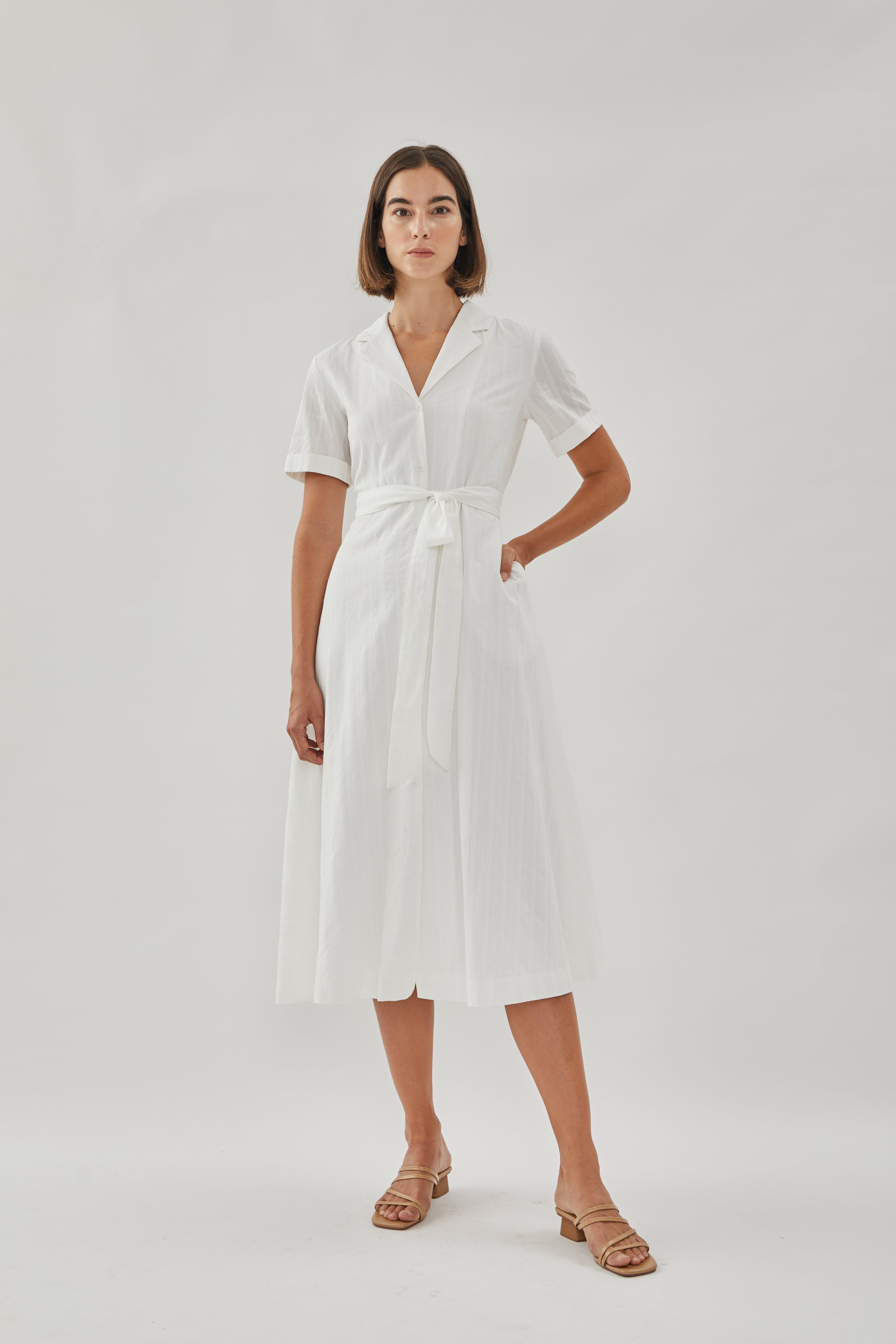 Collared Cotton Midi Dress in White