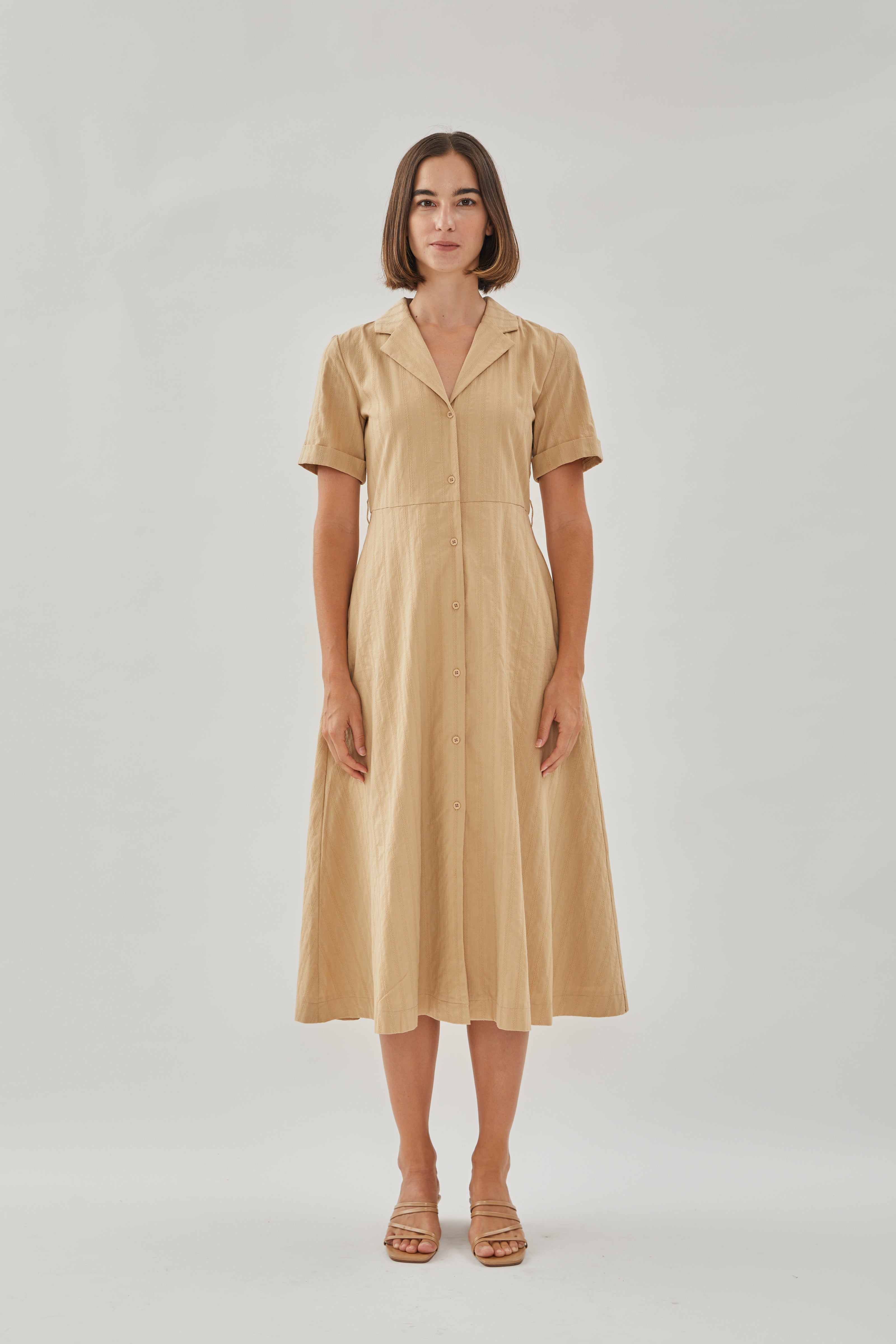 Collared Cotton Midi Dress in Camel