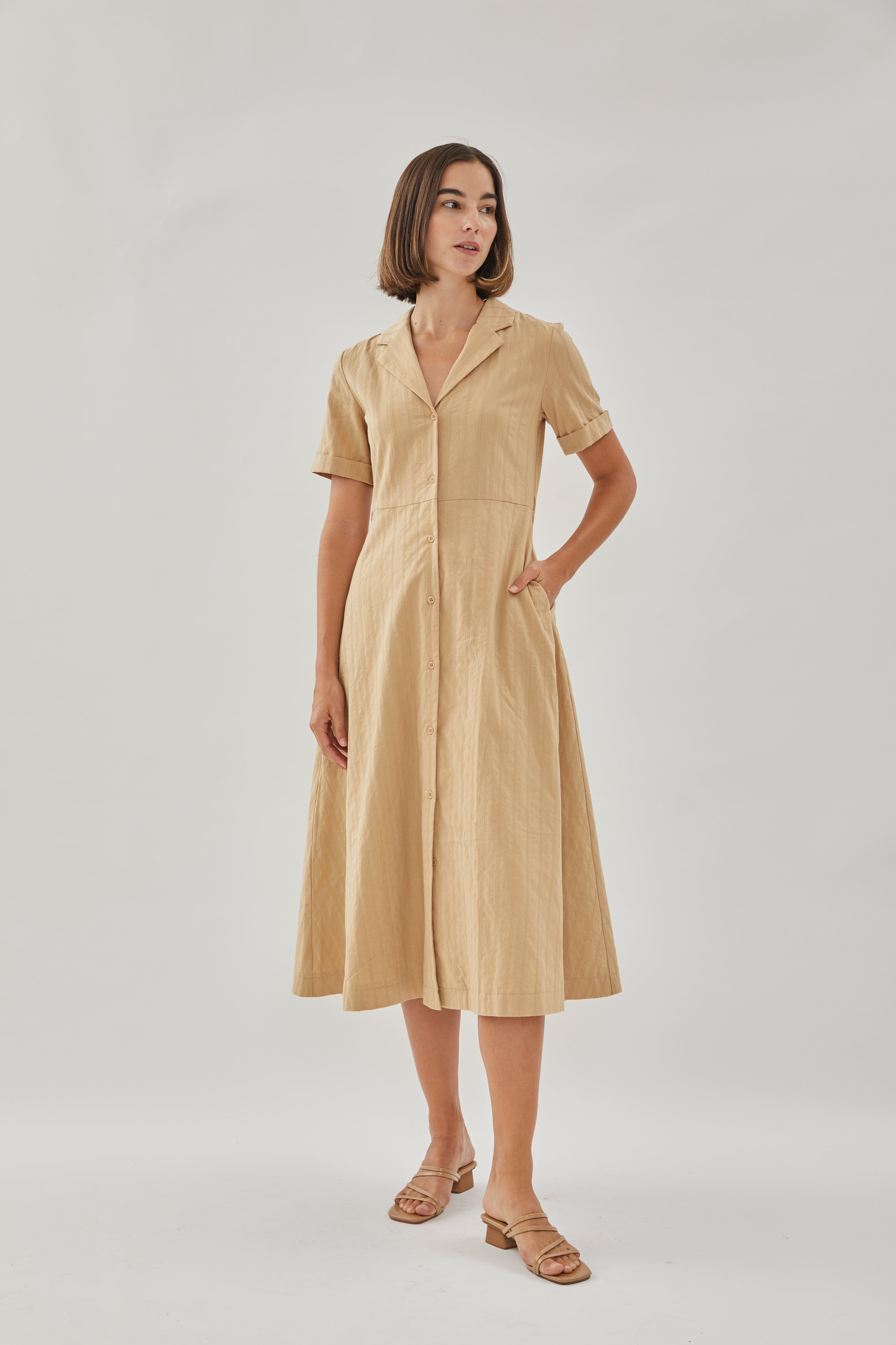 Collared Cotton Midi Dress in Camel