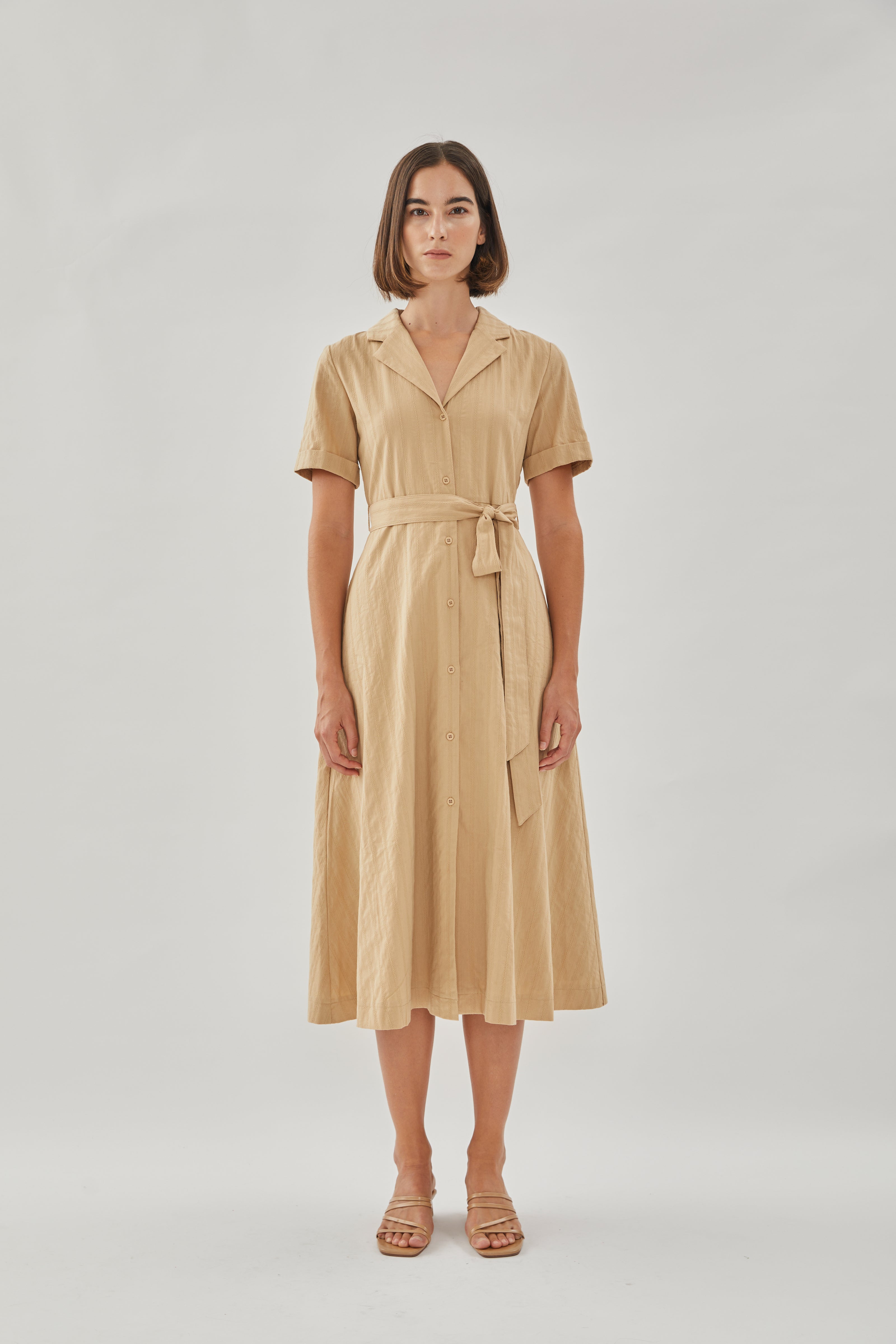 Collared Cotton Midi Dress in Camel