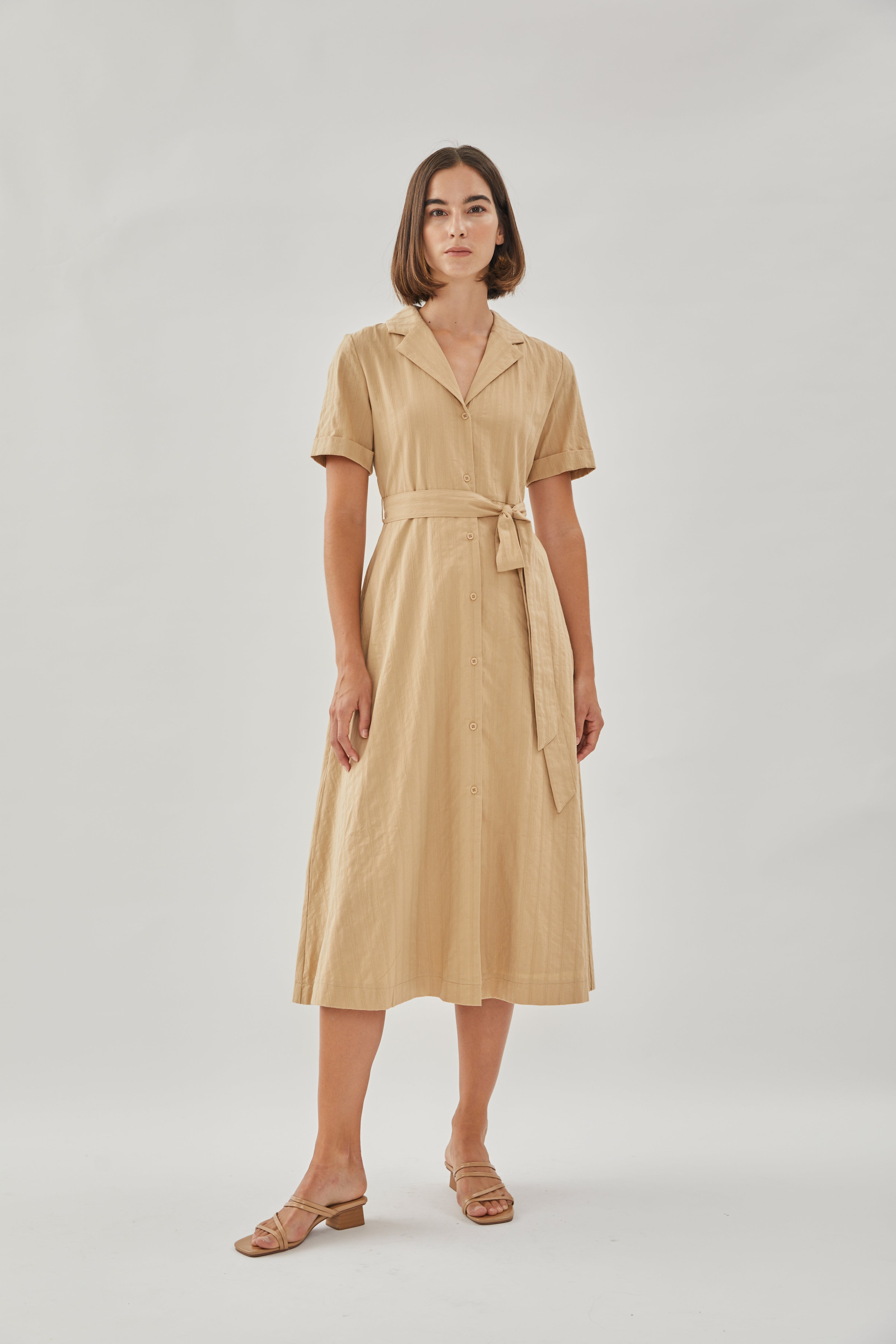 Collared Cotton Midi Dress in Camel