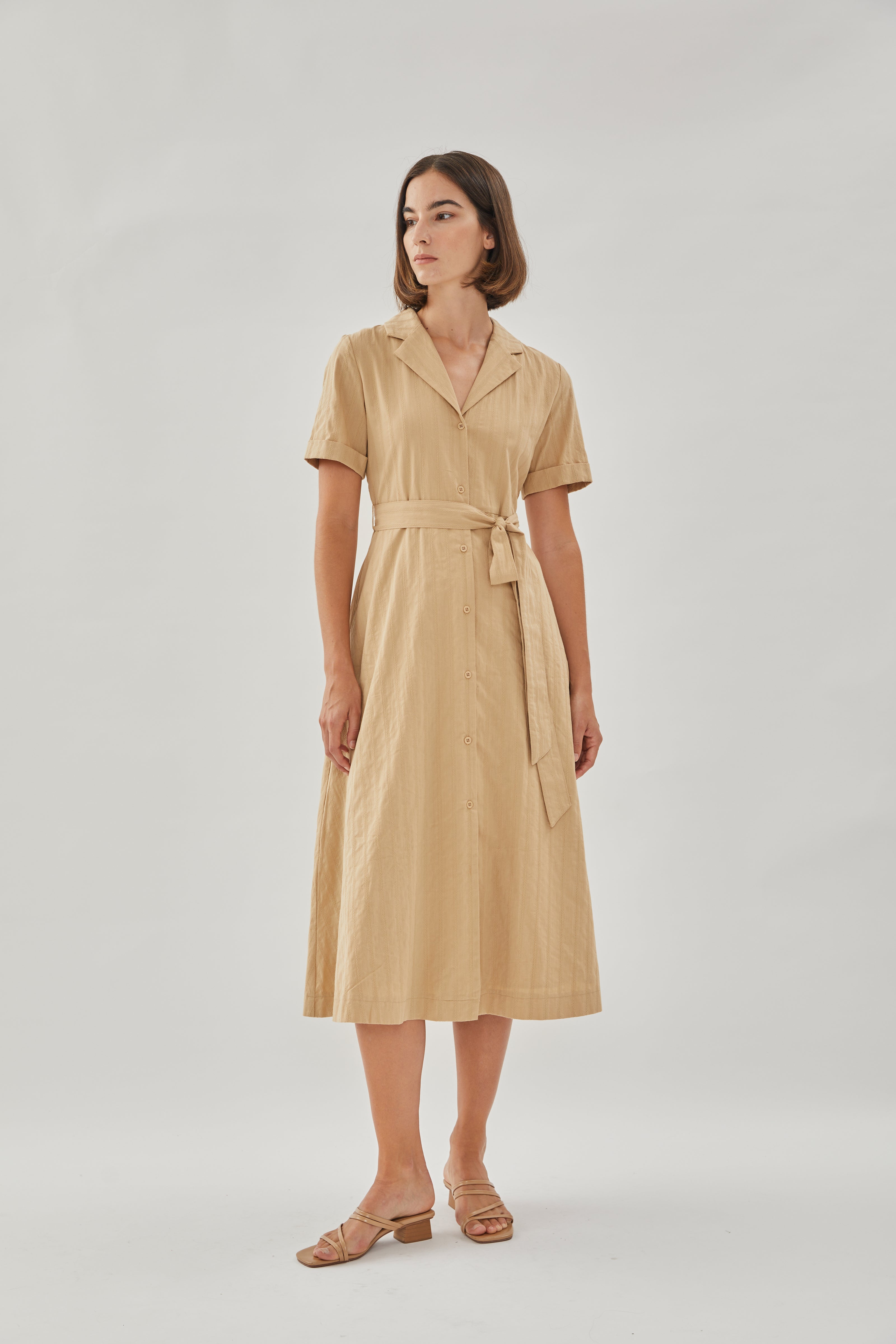 Collared Cotton Midi Dress in Camel