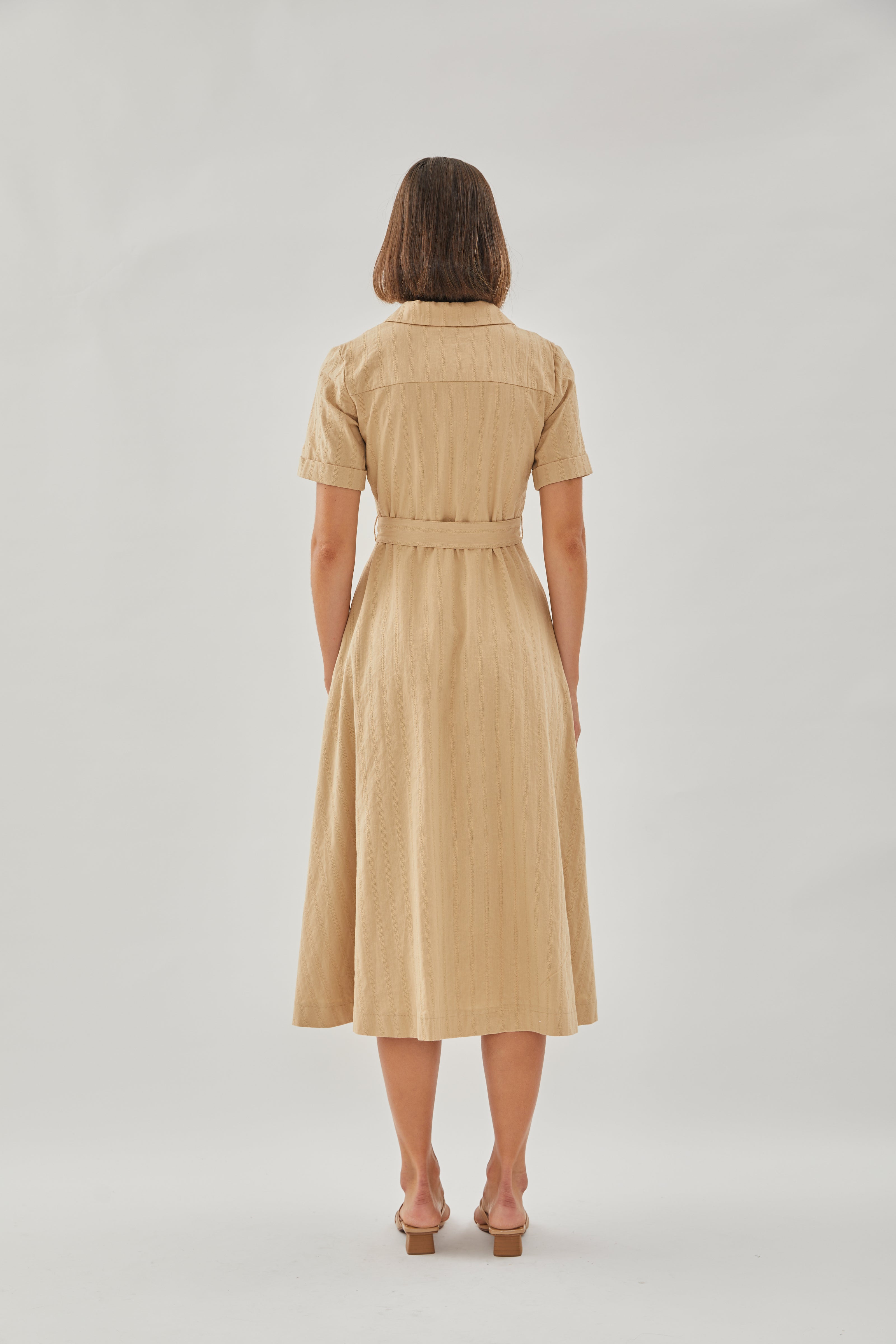 Collared Cotton Midi Dress in Camel