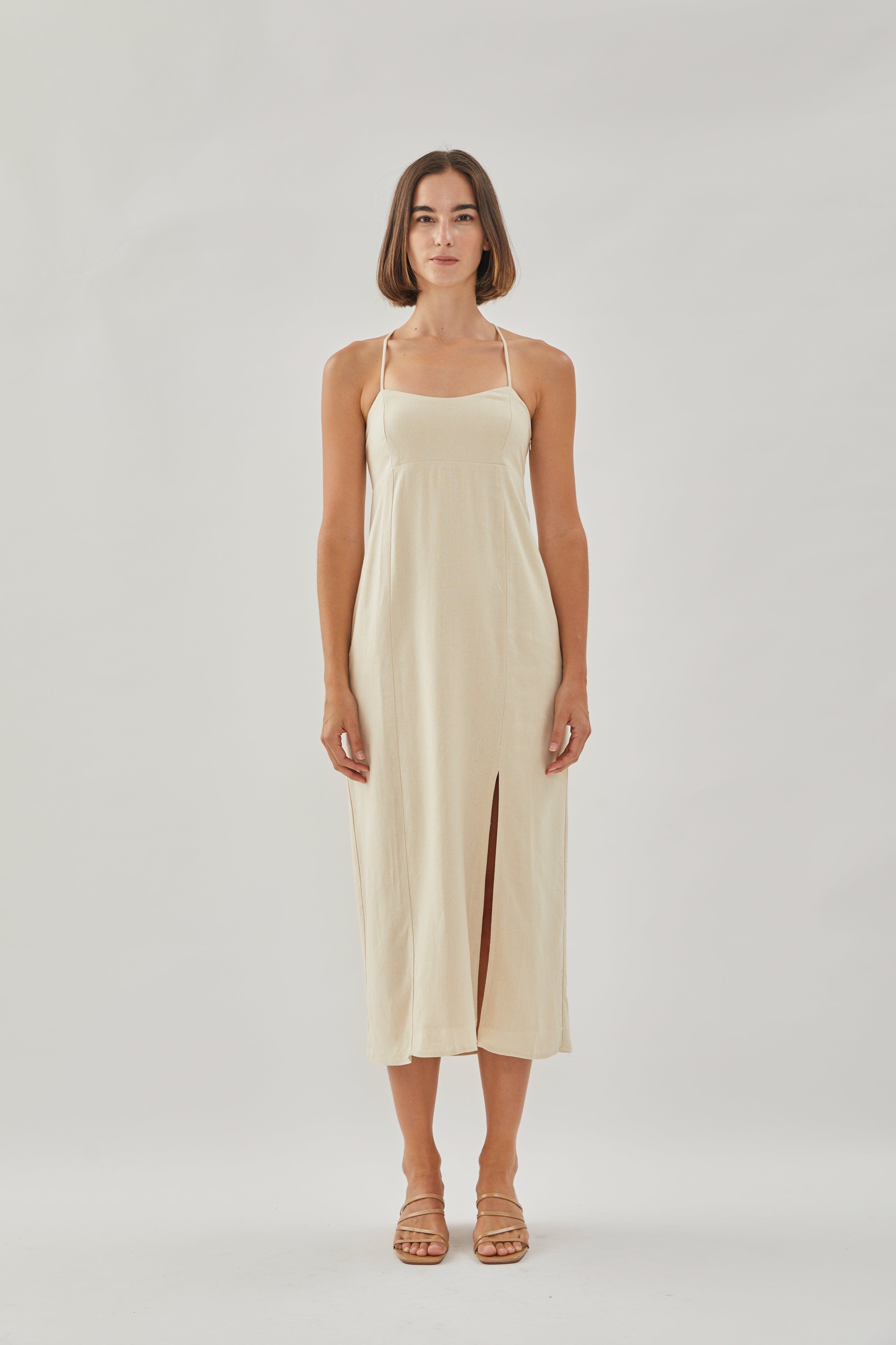 Crossback Linen Midi Dress in Oatmeal
