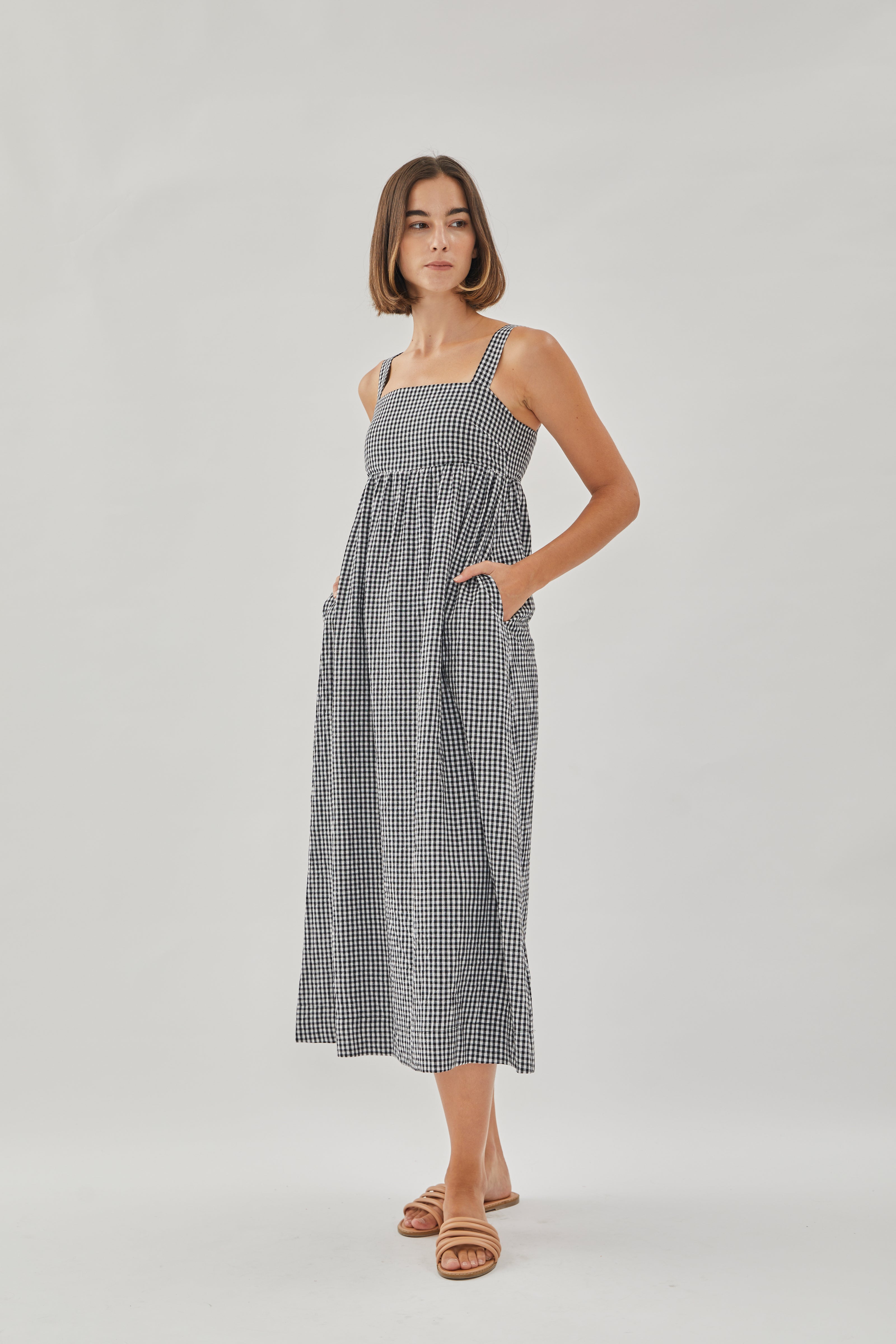 Square Neck Midi Dress in Gingham Black