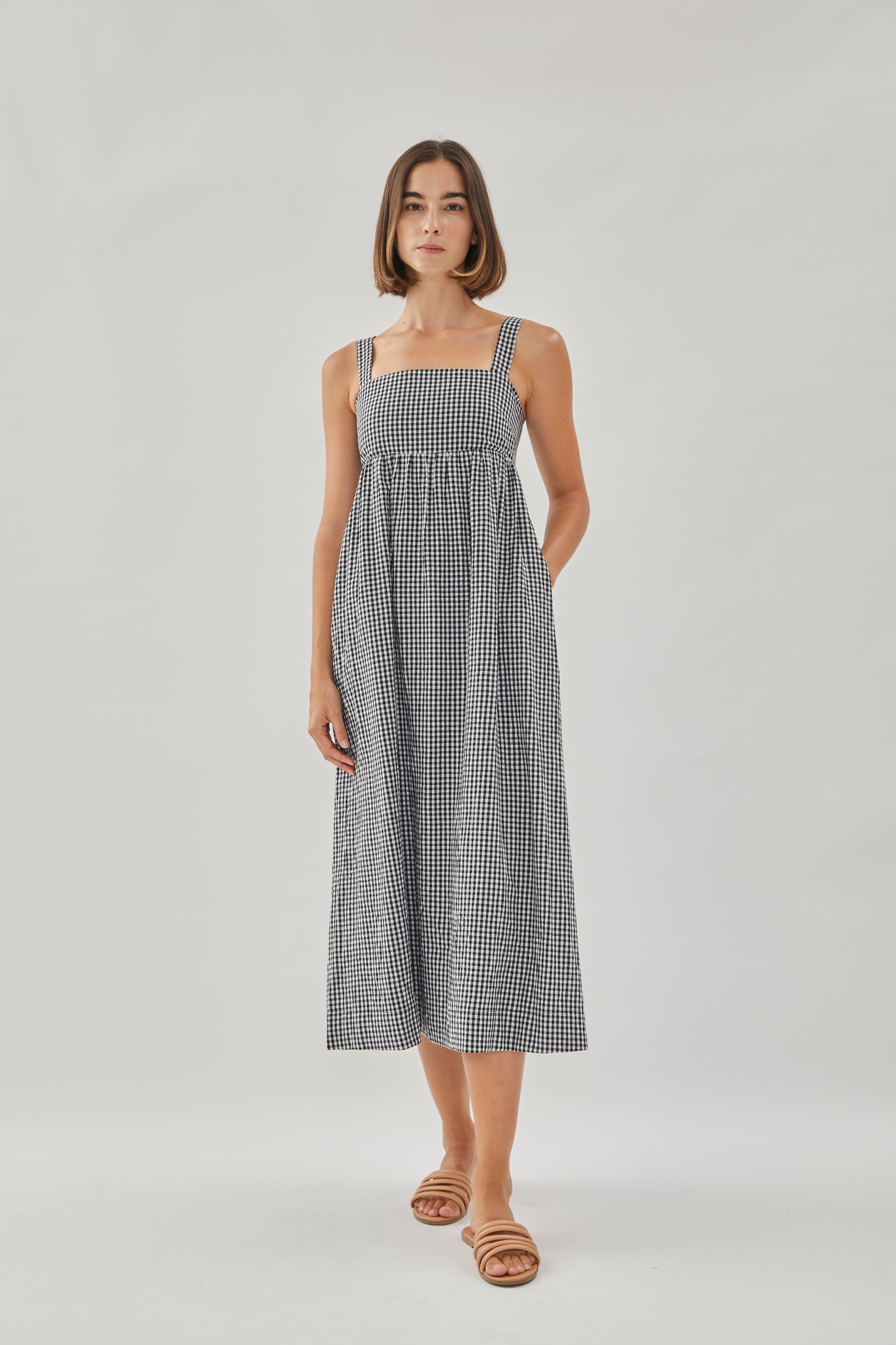 Square Neck Midi Dress in Gingham Black