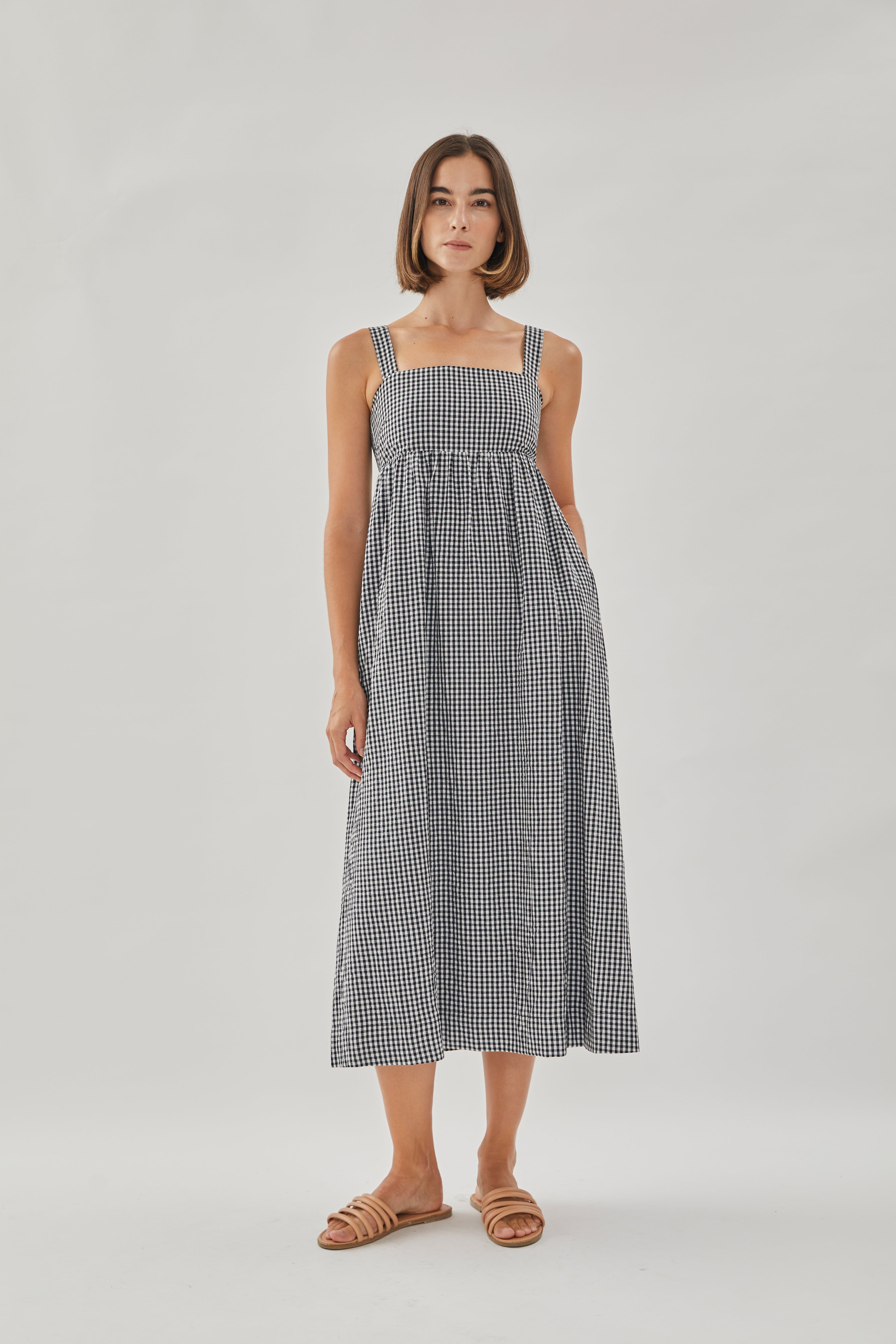 Square Neck Midi Dress in Gingham Black