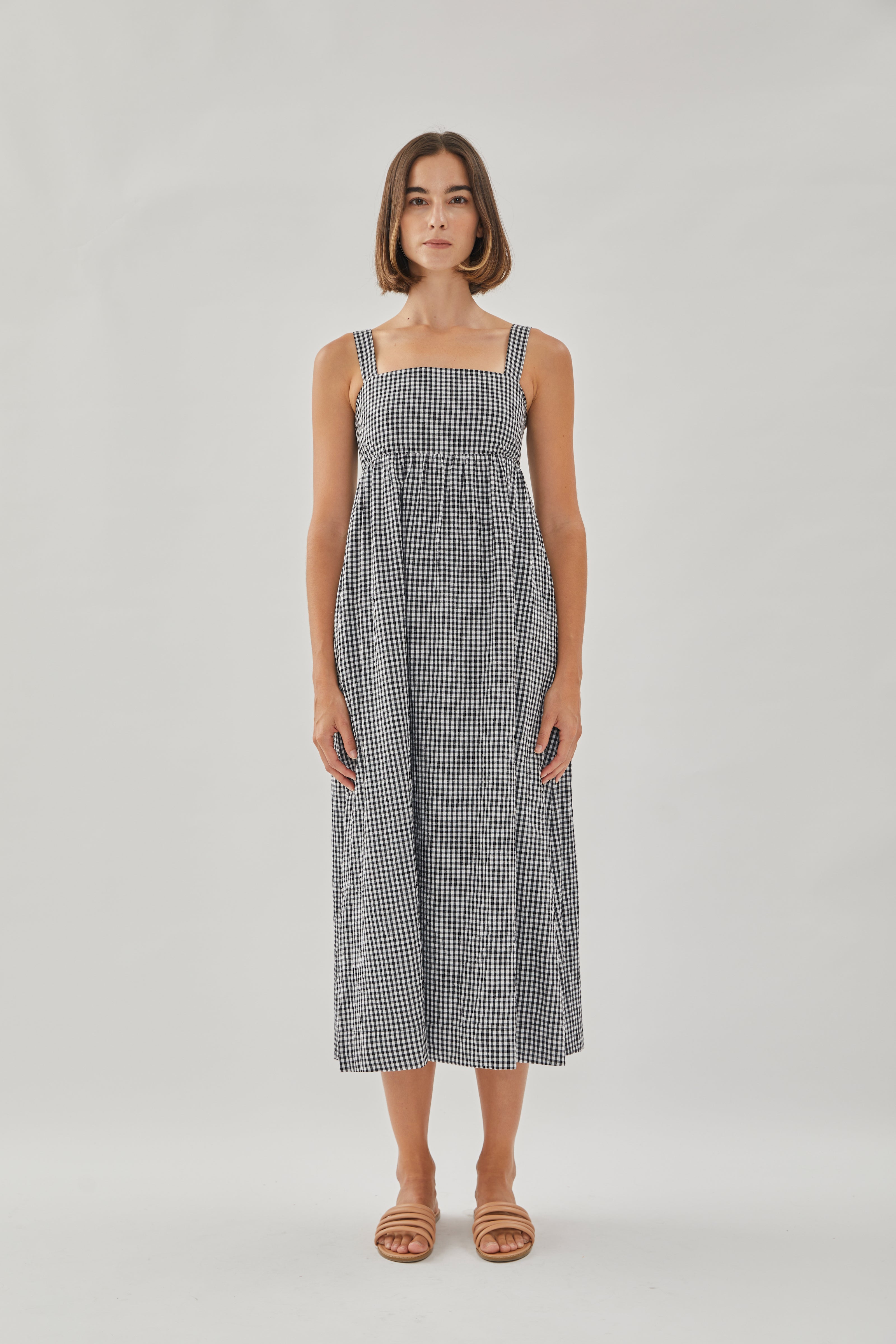 Square Neck Midi Dress in Gingham Black