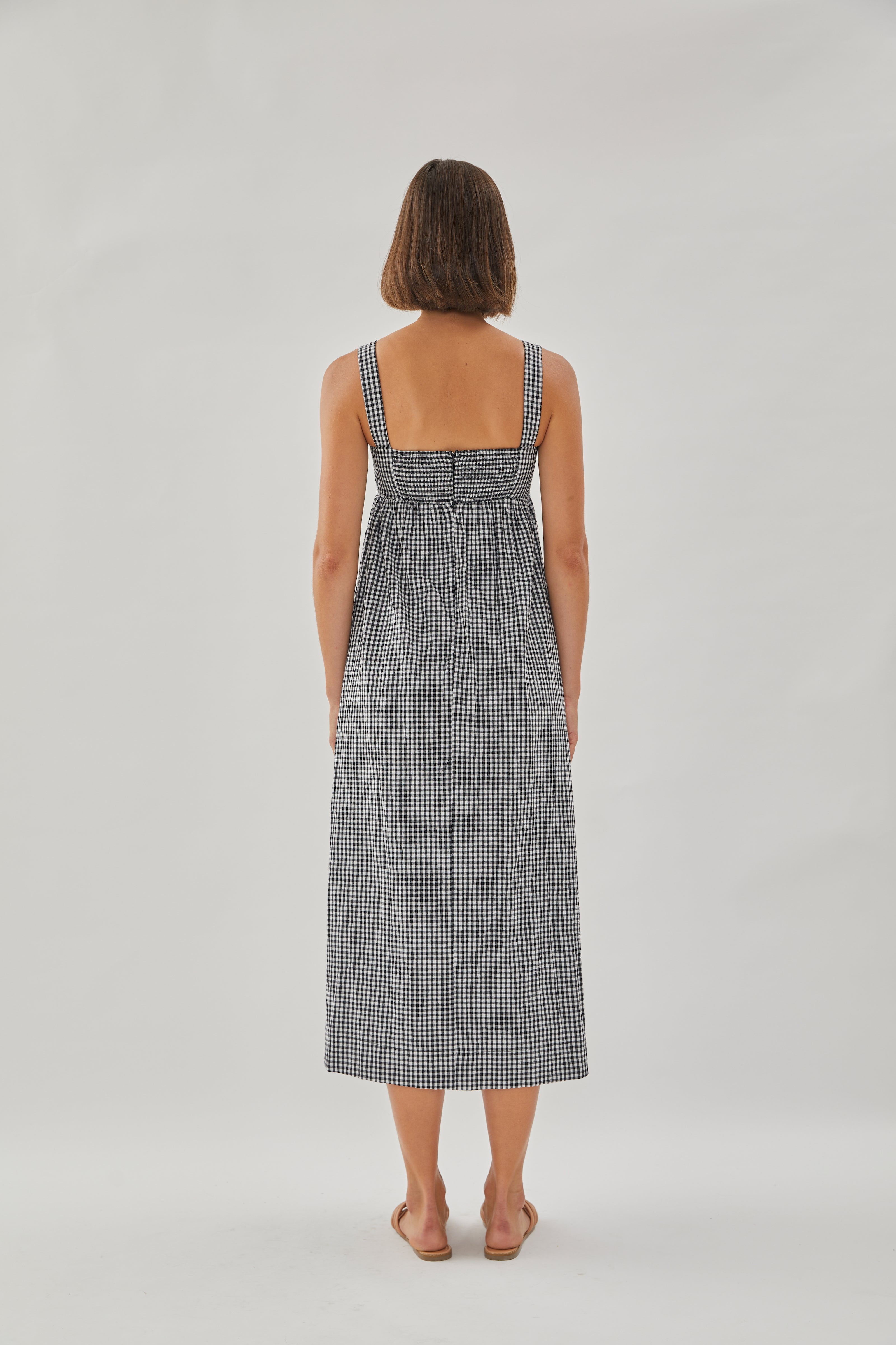 Square Neck Midi Dress in Gingham Black