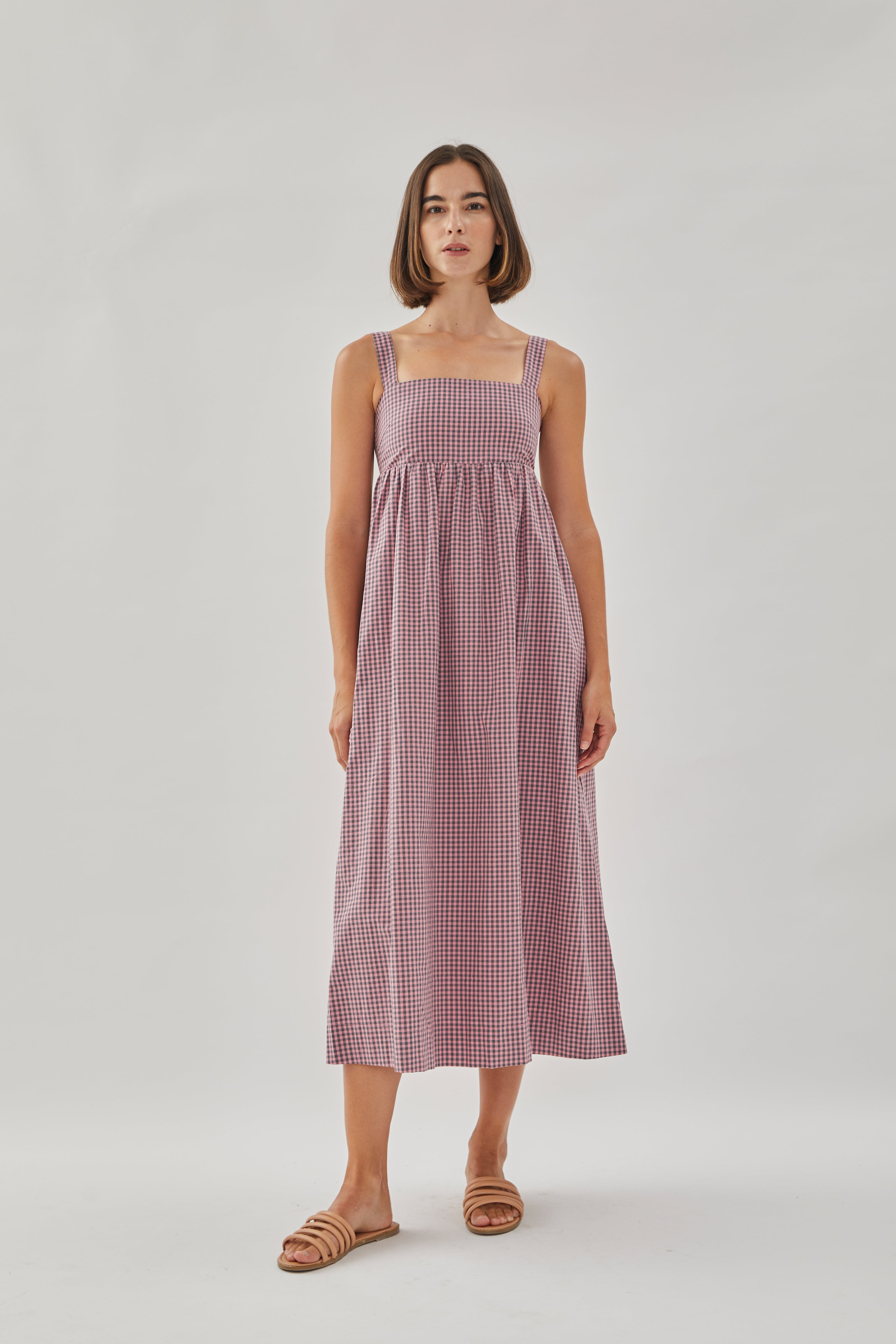 Square Neck Midi Dress in Gingham Pink