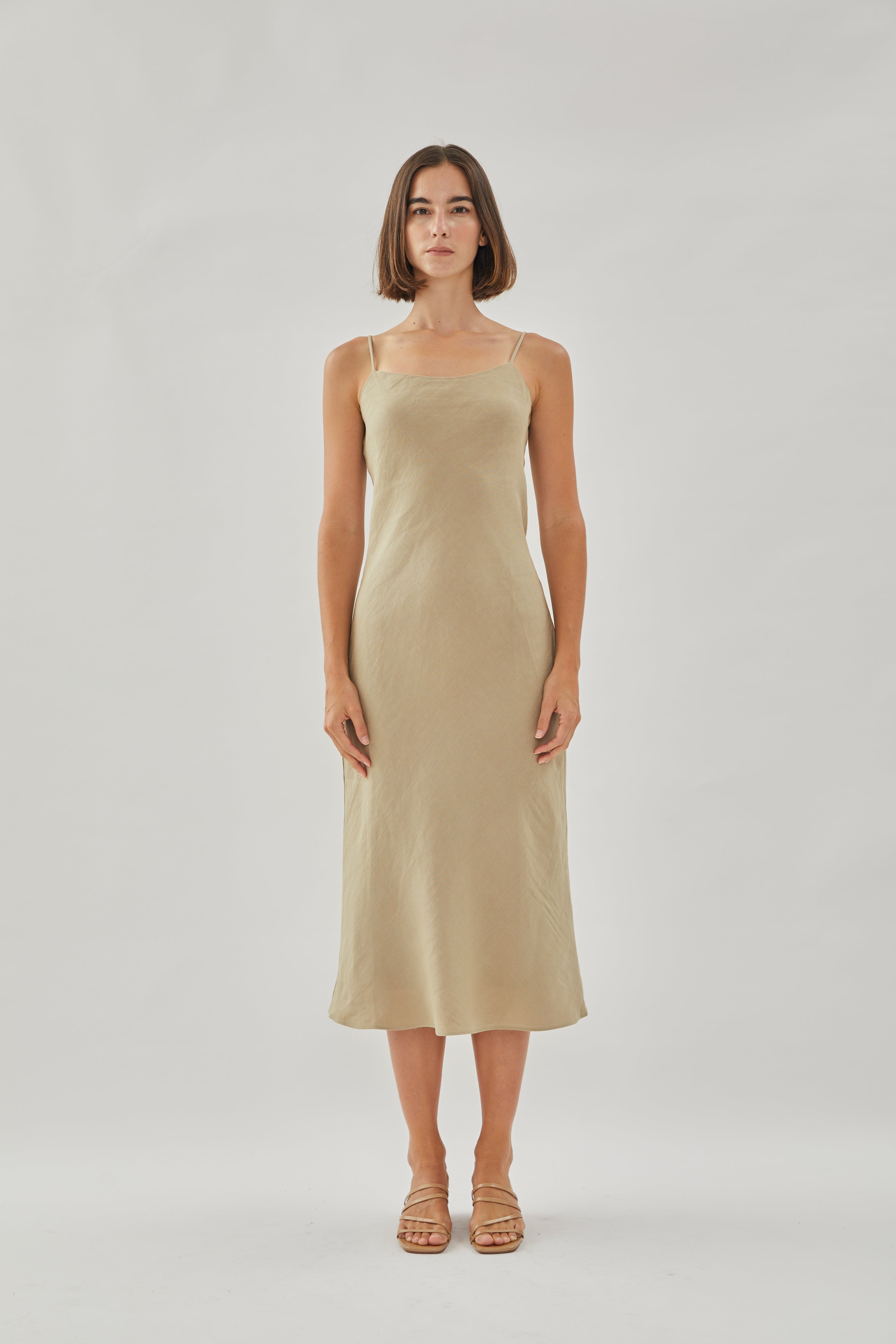 Linen Slip Dress in Khaki