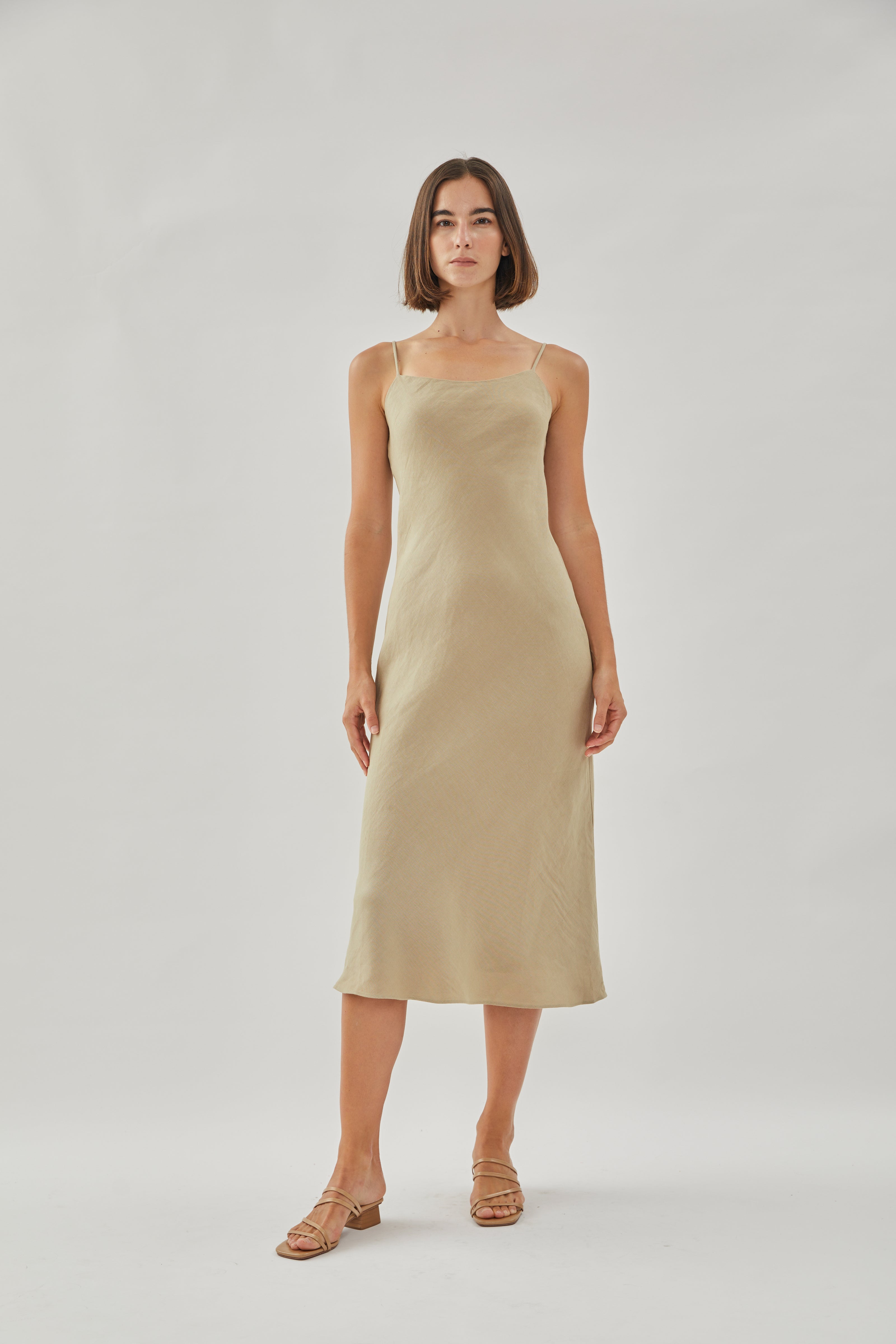 Linen Slip Dress in Khaki