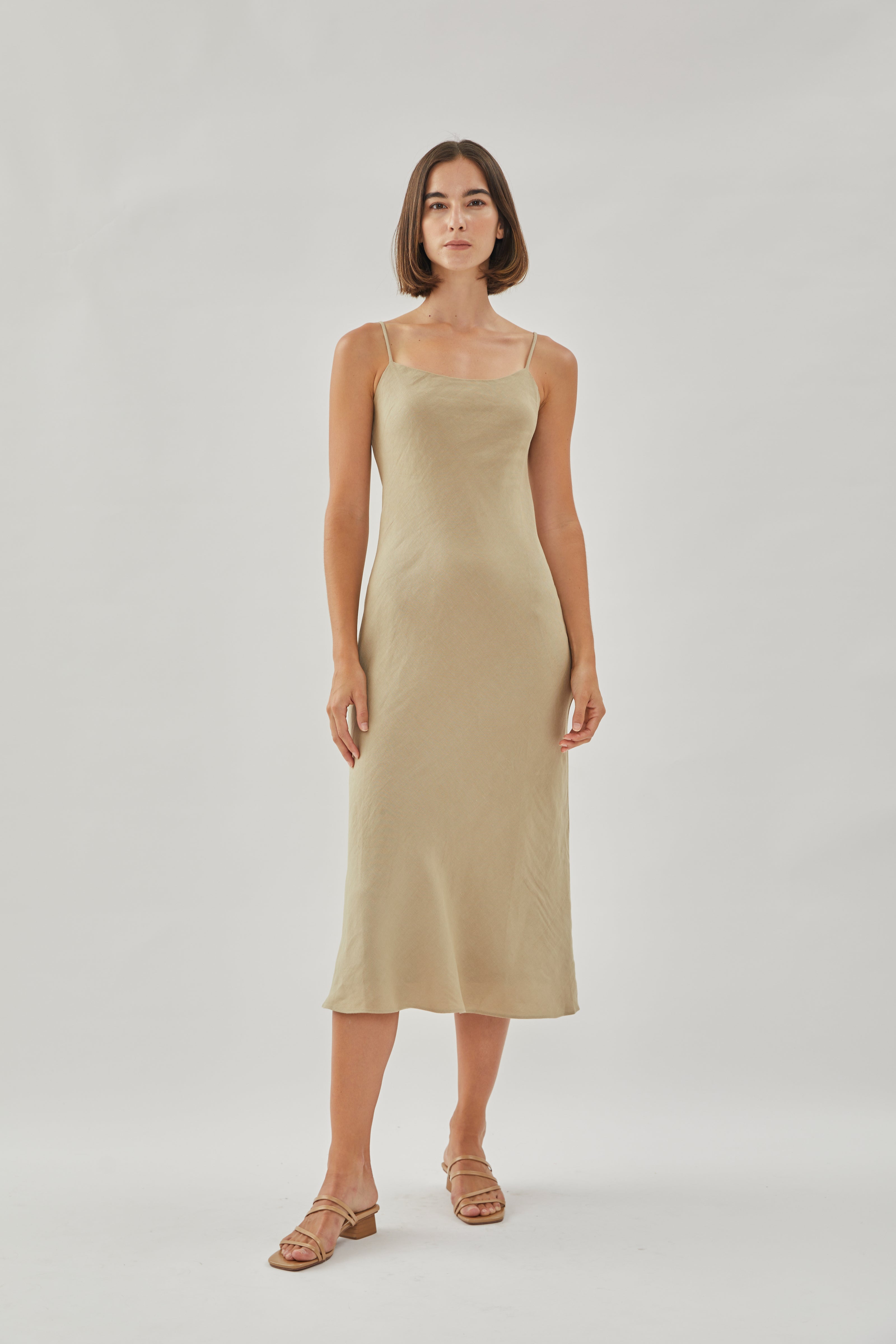 Linen Slip Dress in Khaki