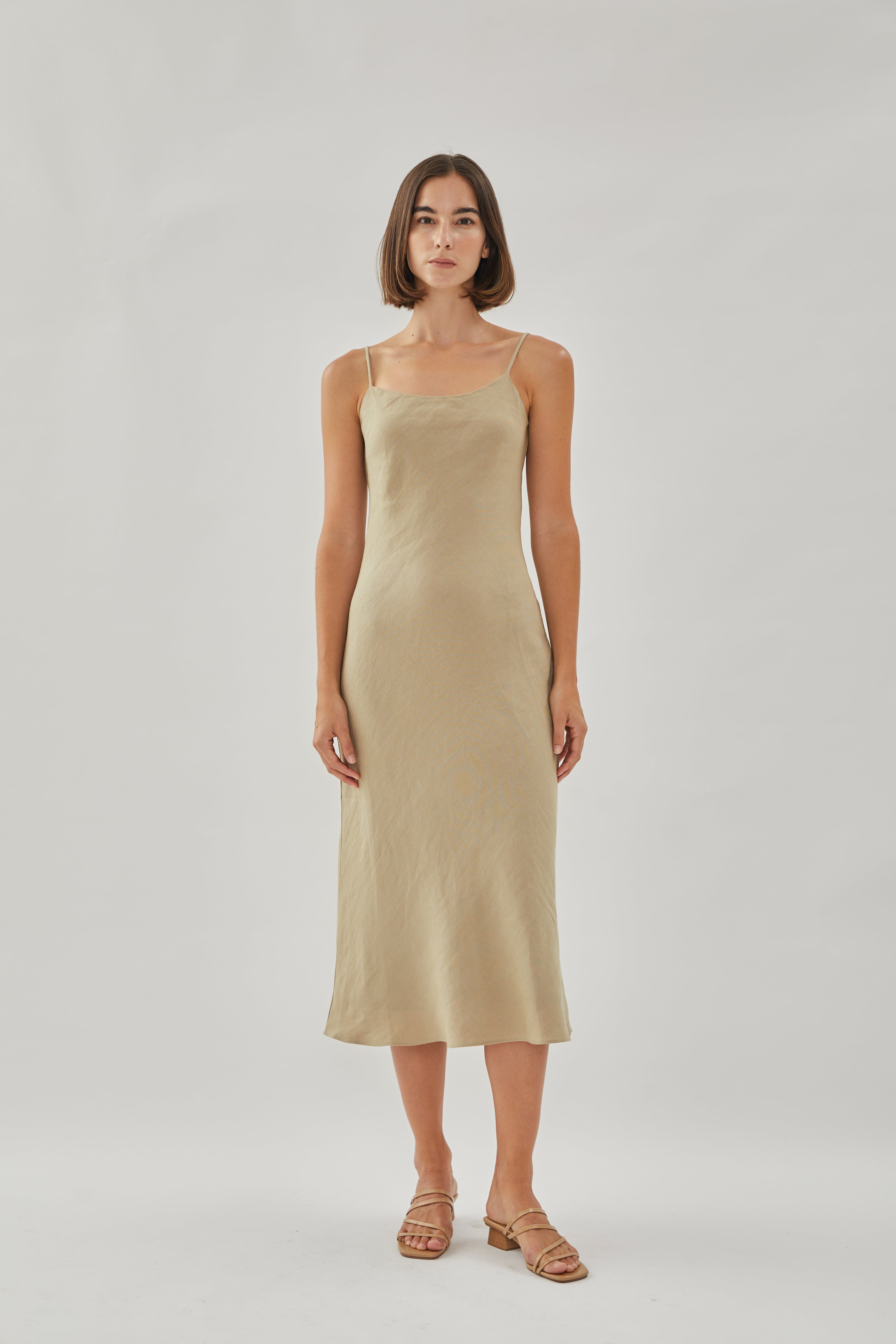 Linen Slip Dress in Khaki