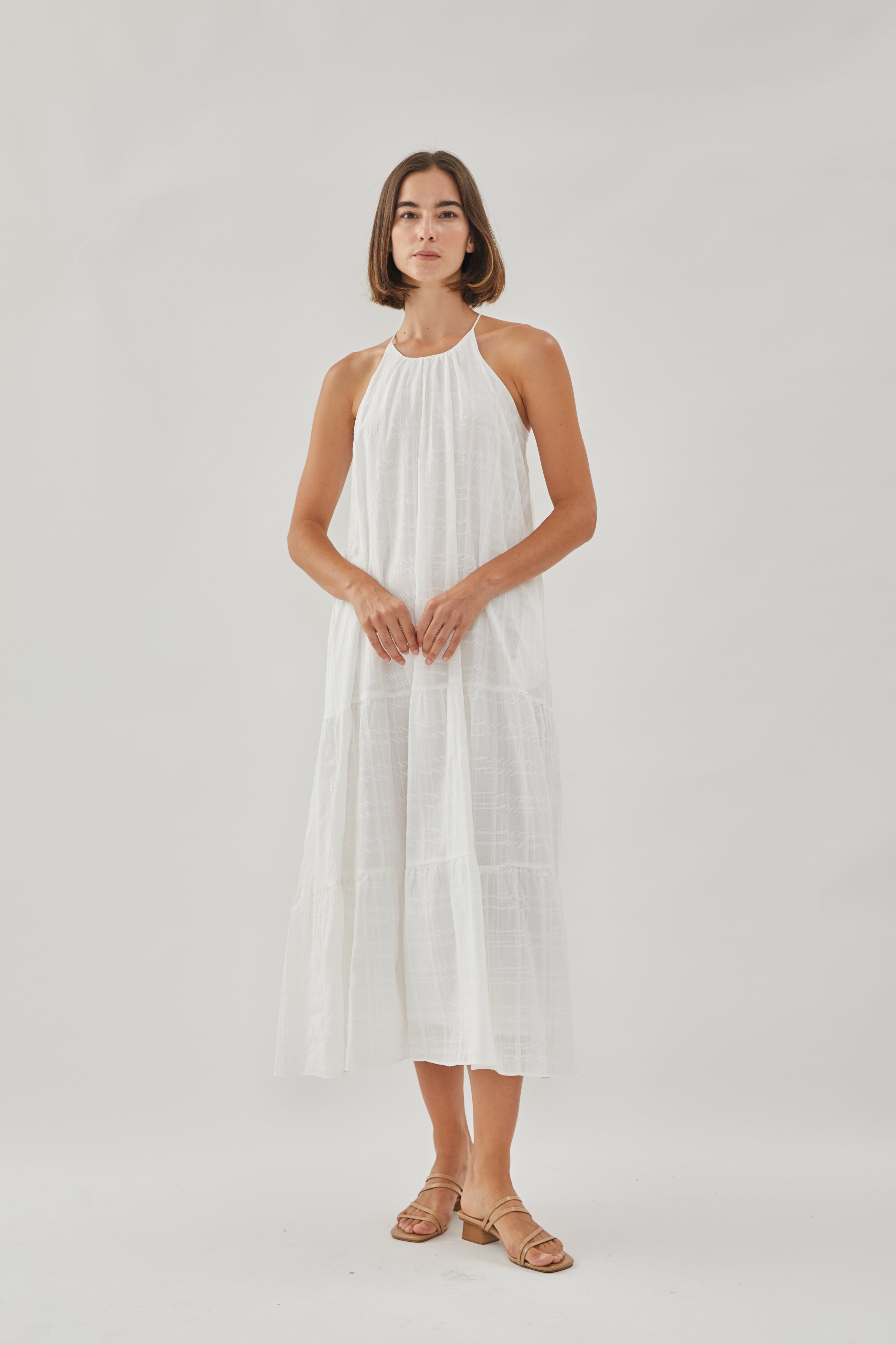 Halter Tiered Midi Dress in White