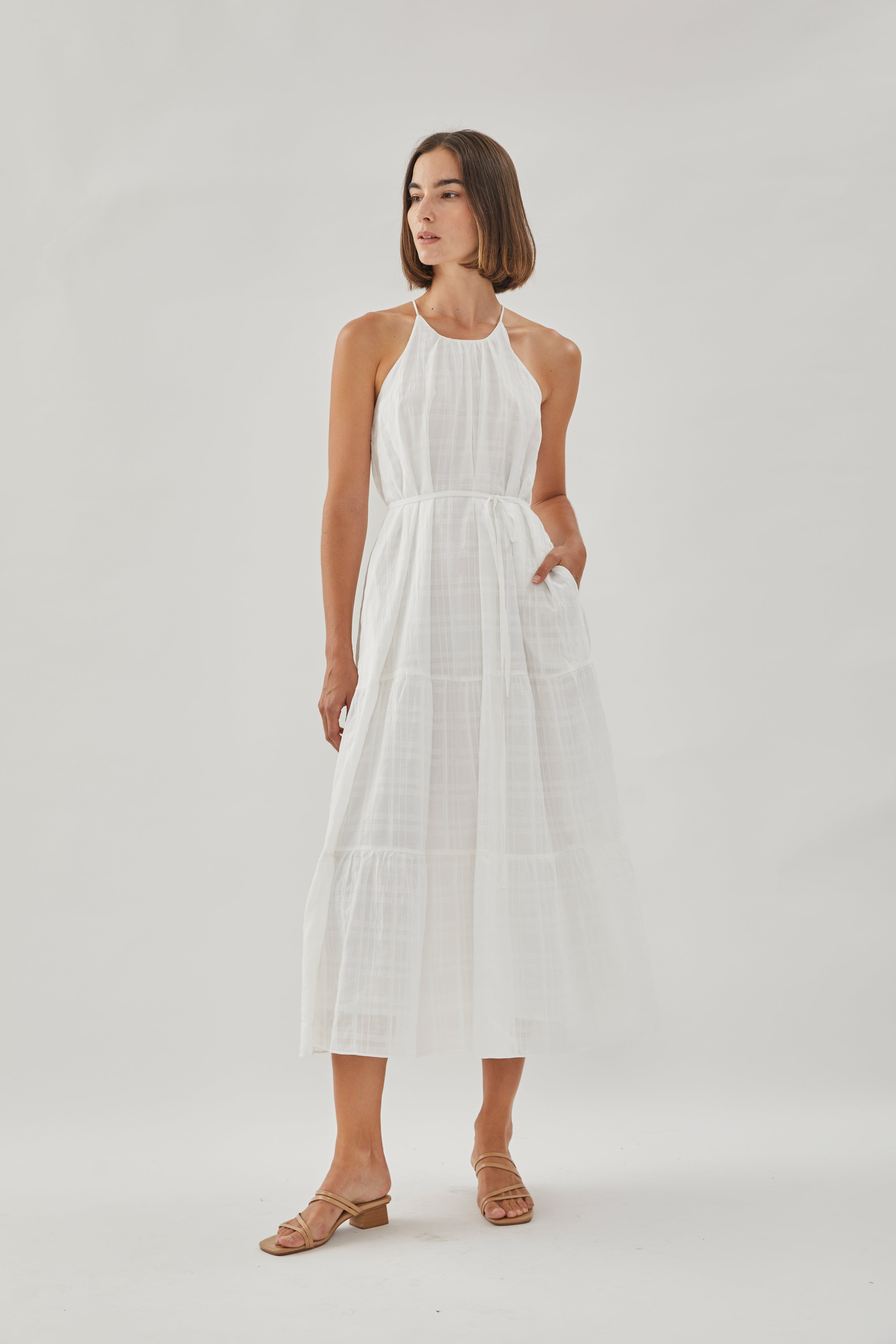 Halter Tiered Midi Dress in White