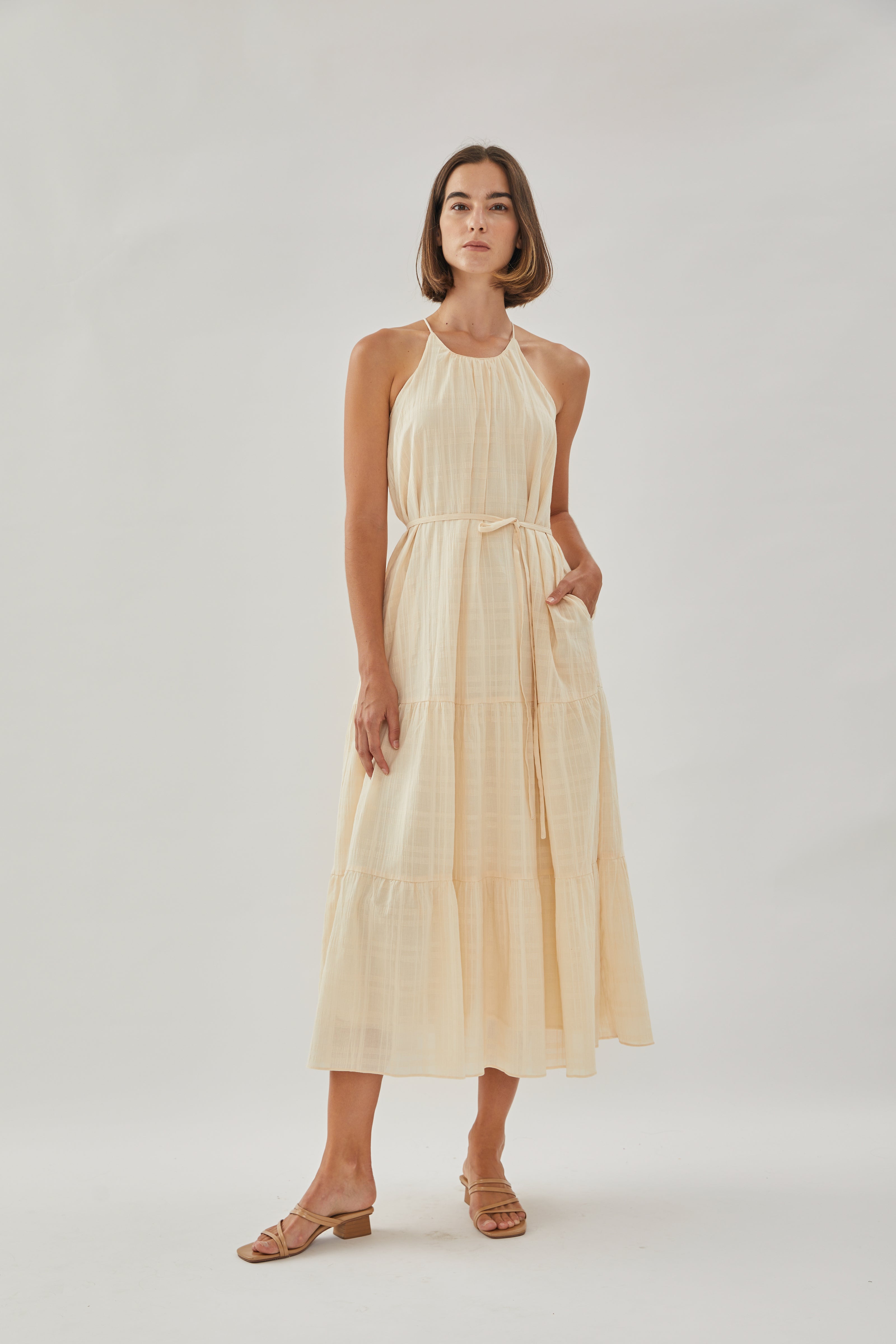 Halter Tiered Midi Dress in Oatmeal