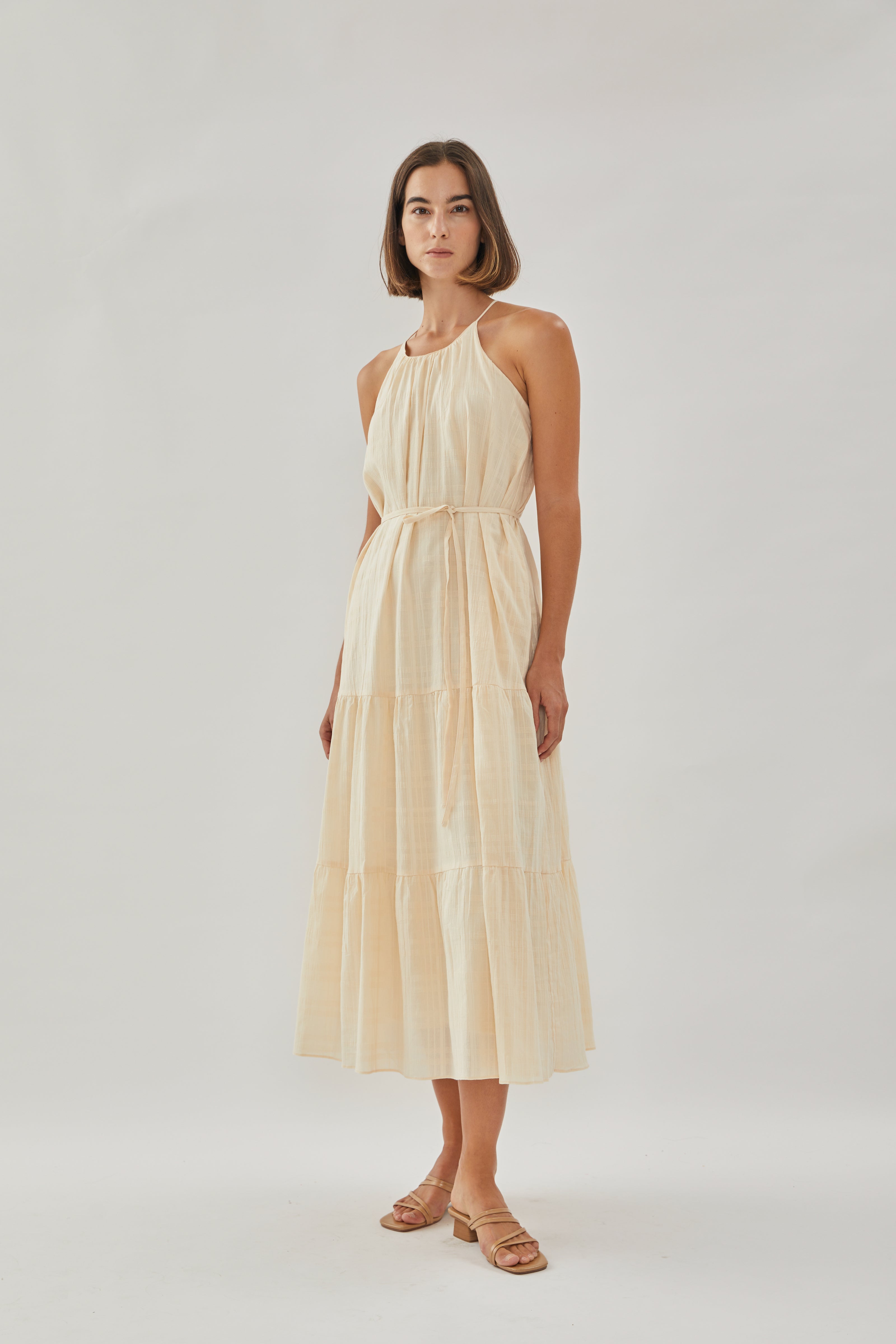 Halter Tiered Midi Dress in Oatmeal