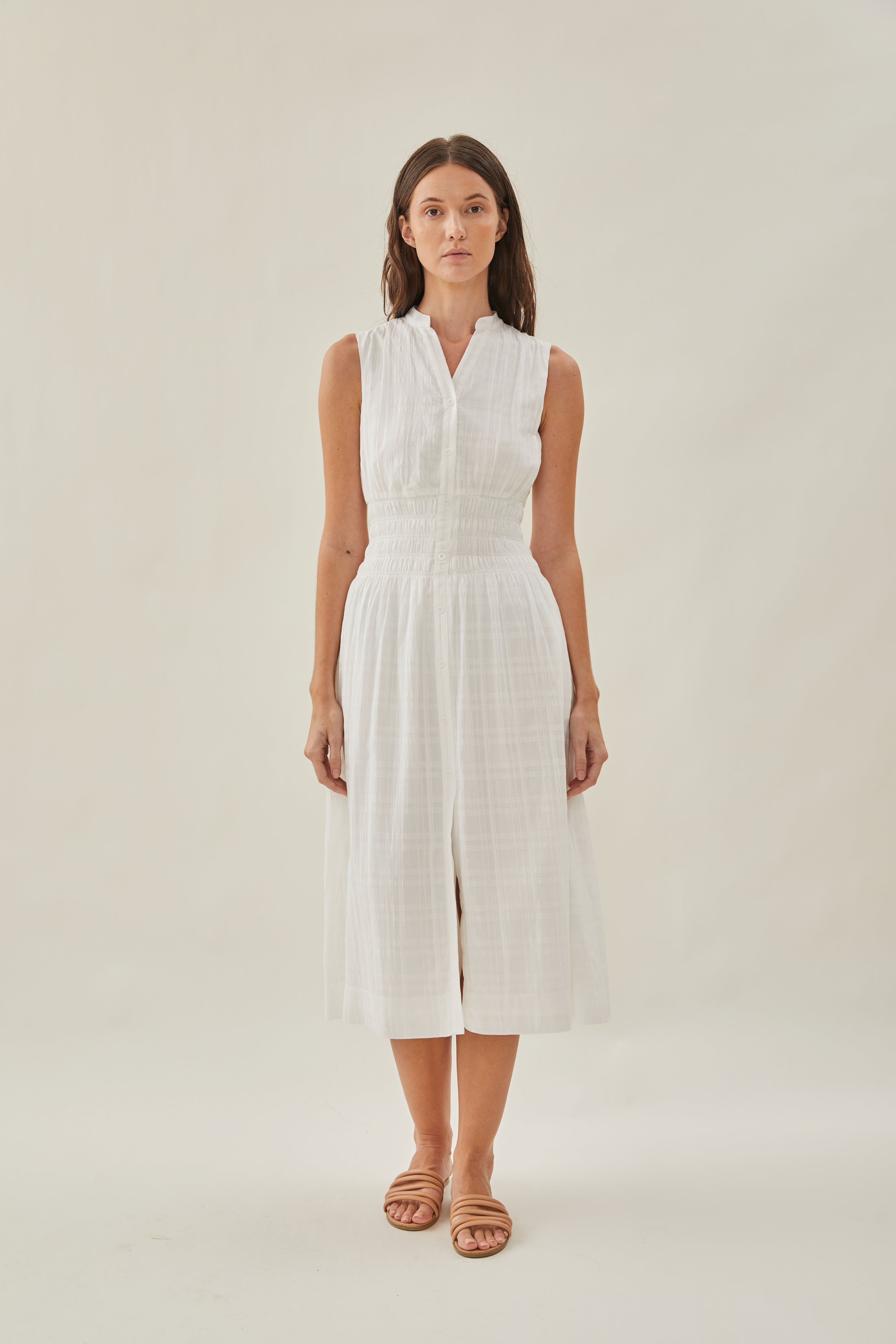 Buttoned-down Shirred Midi Dress in White