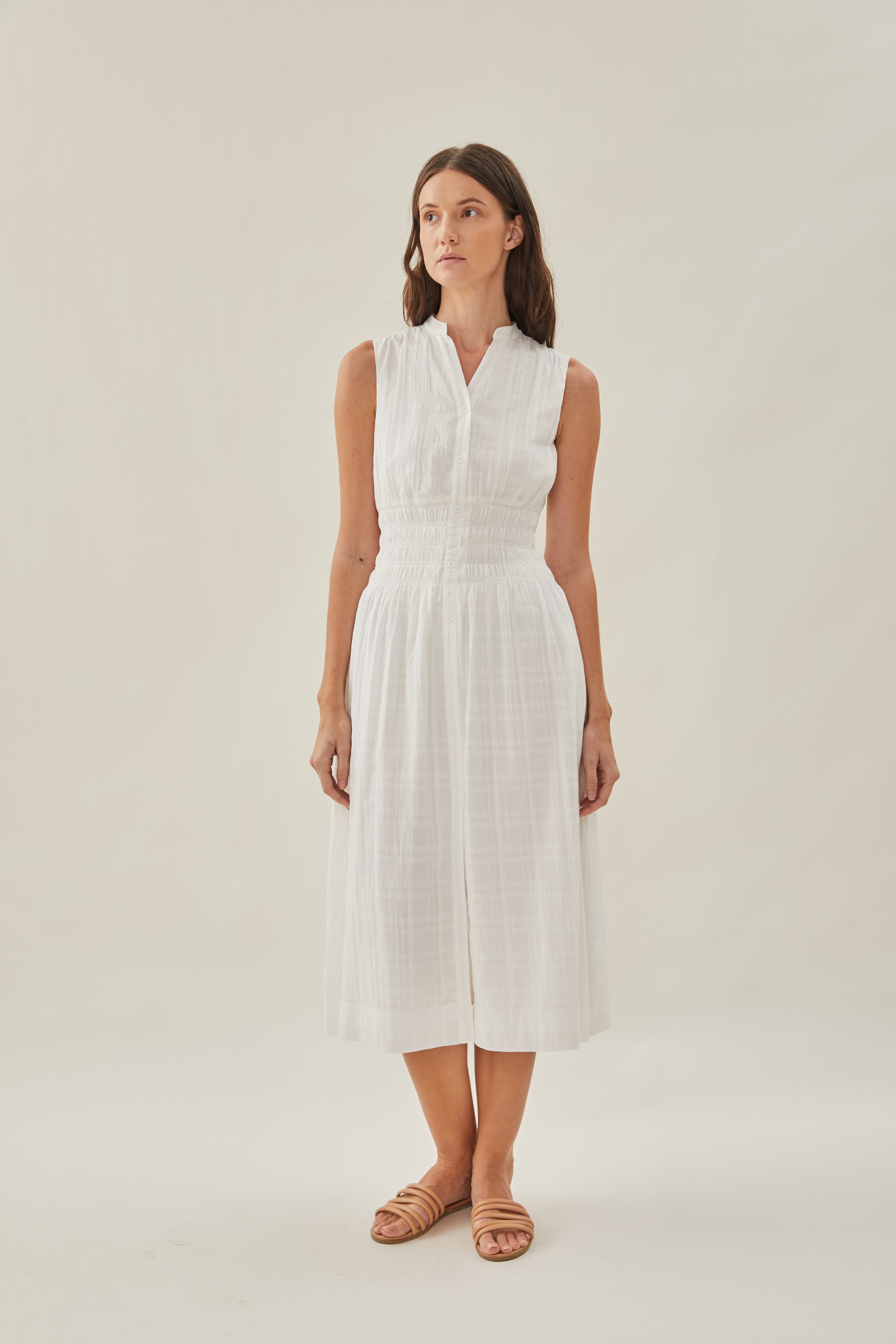 Buttoned-down Shirred Midi Dress in White