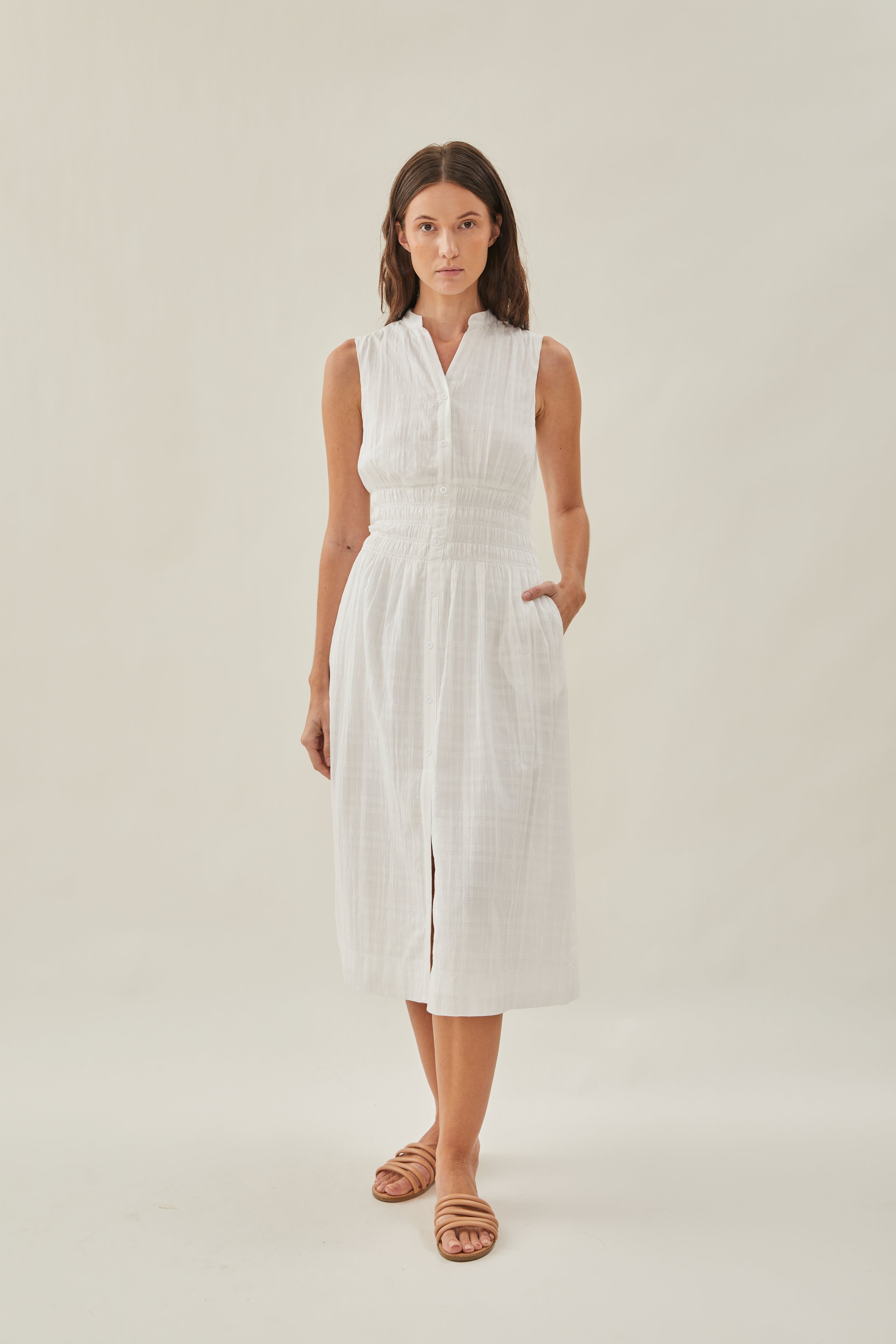 Buttoned-down Shirred Midi Dress in White