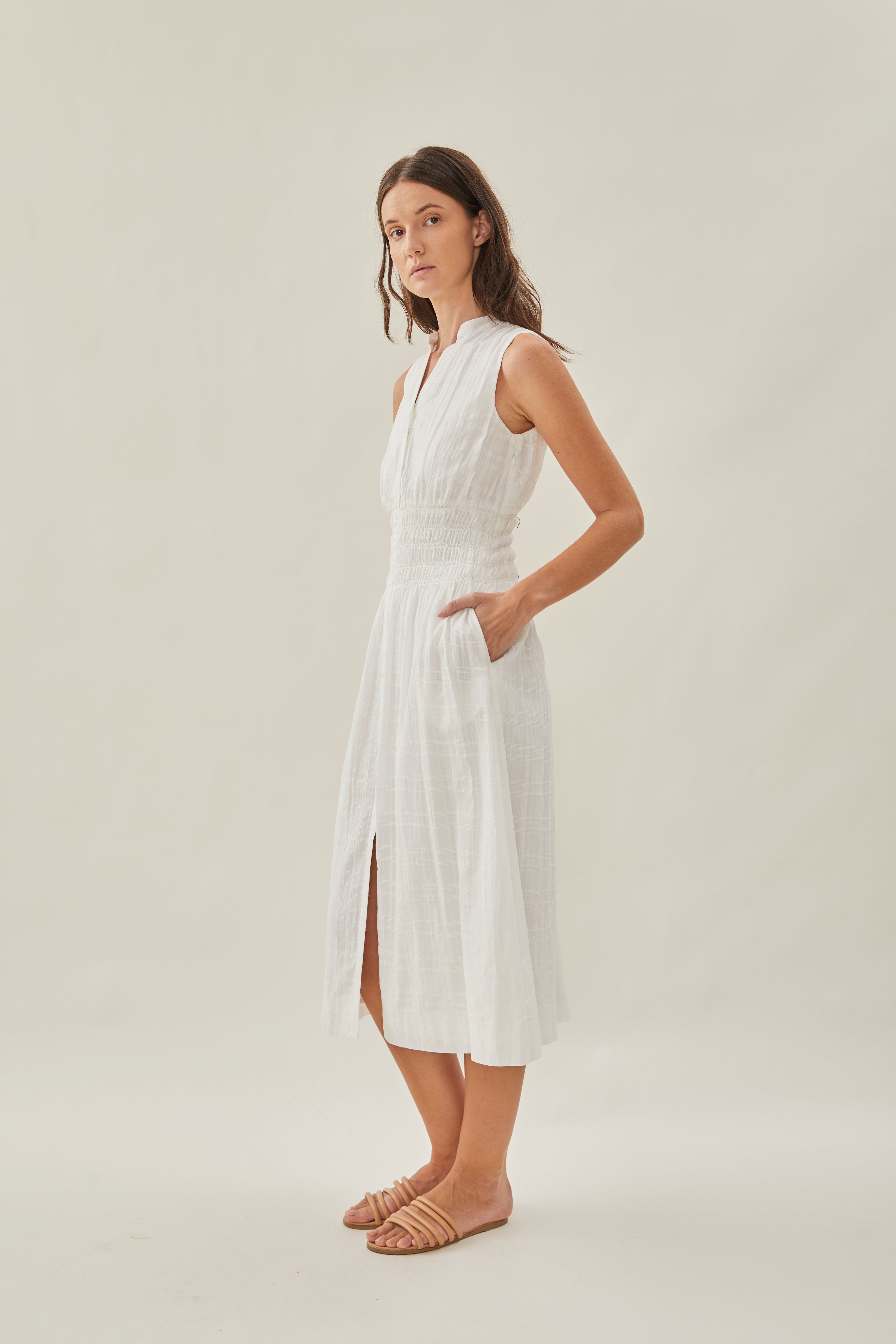 Buttoned-down Shirred Midi Dress in White