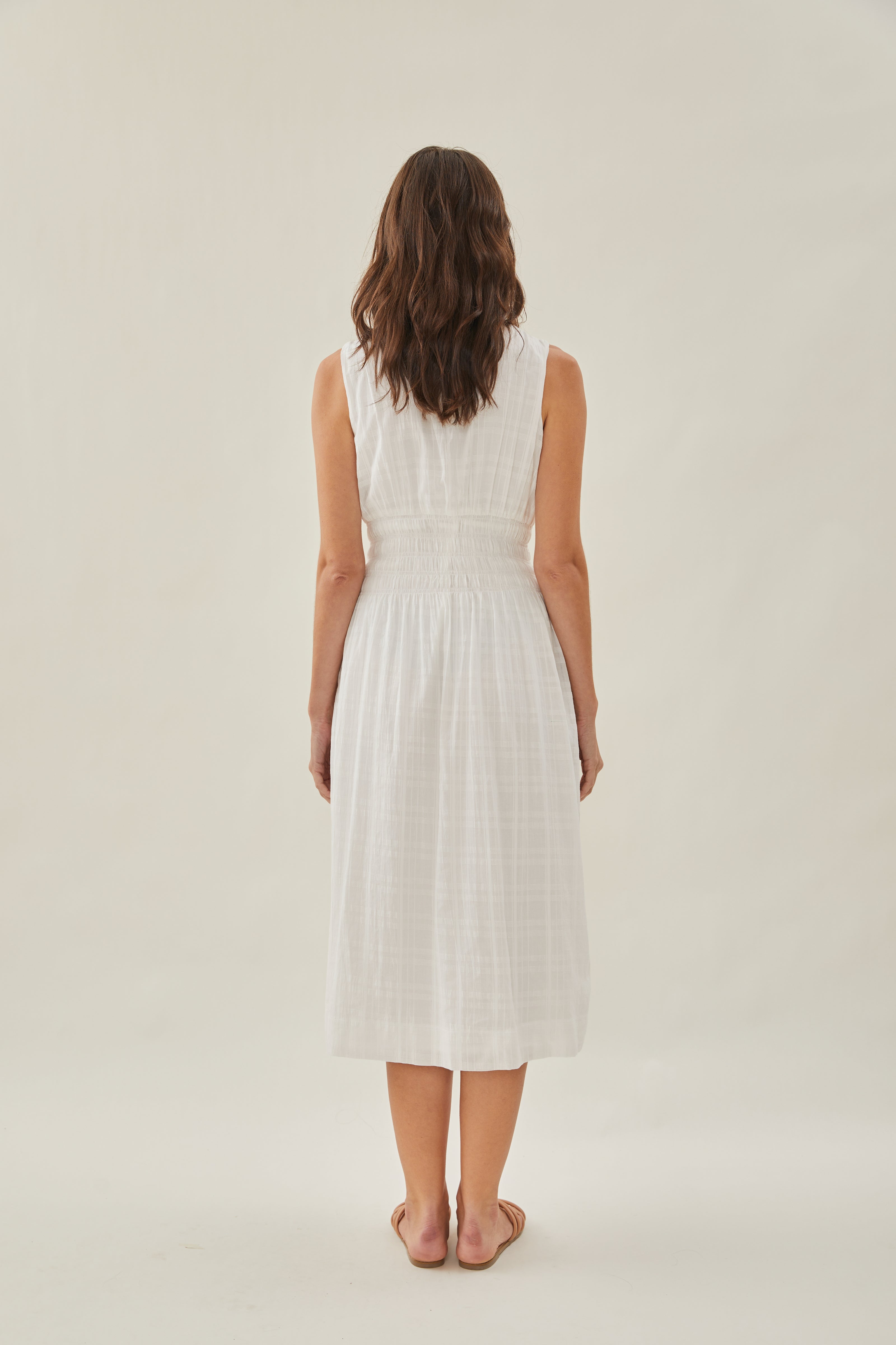 Buttoned-down Shirred Midi Dress in White