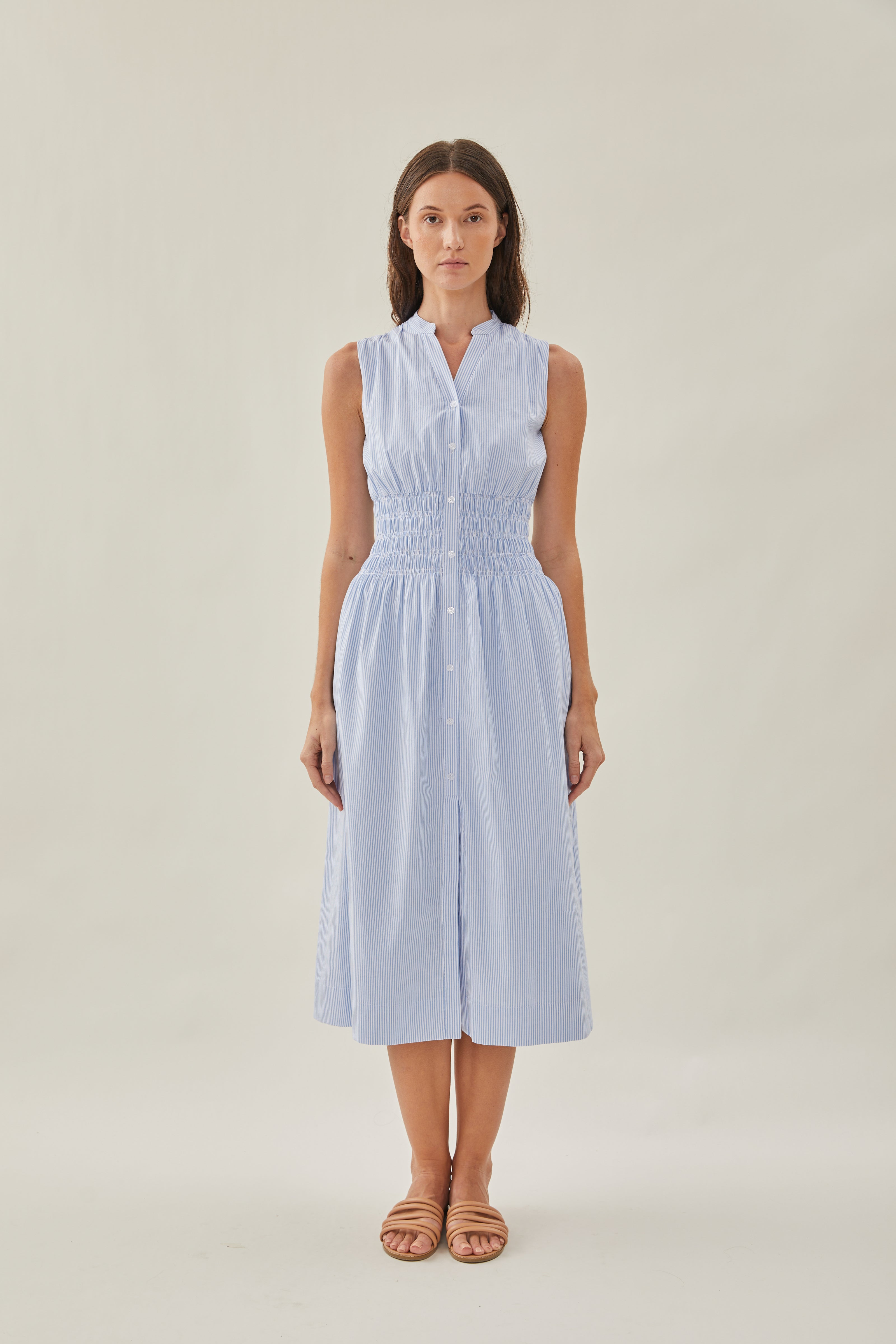 Buttoned-down Shirred Midi Dress in Stripe Blue