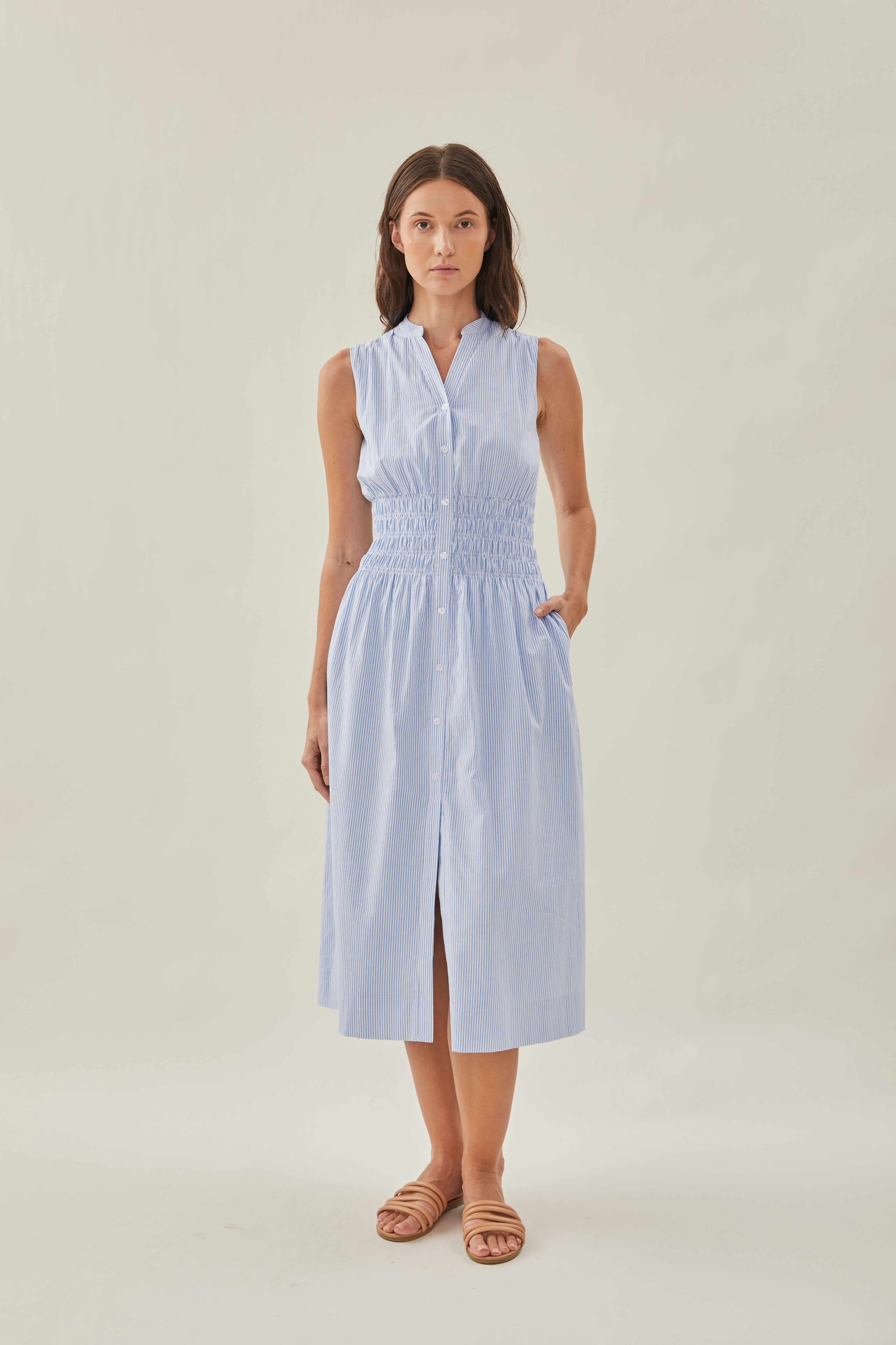 Buttoned-down Shirred Midi Dress in Stripe Blue