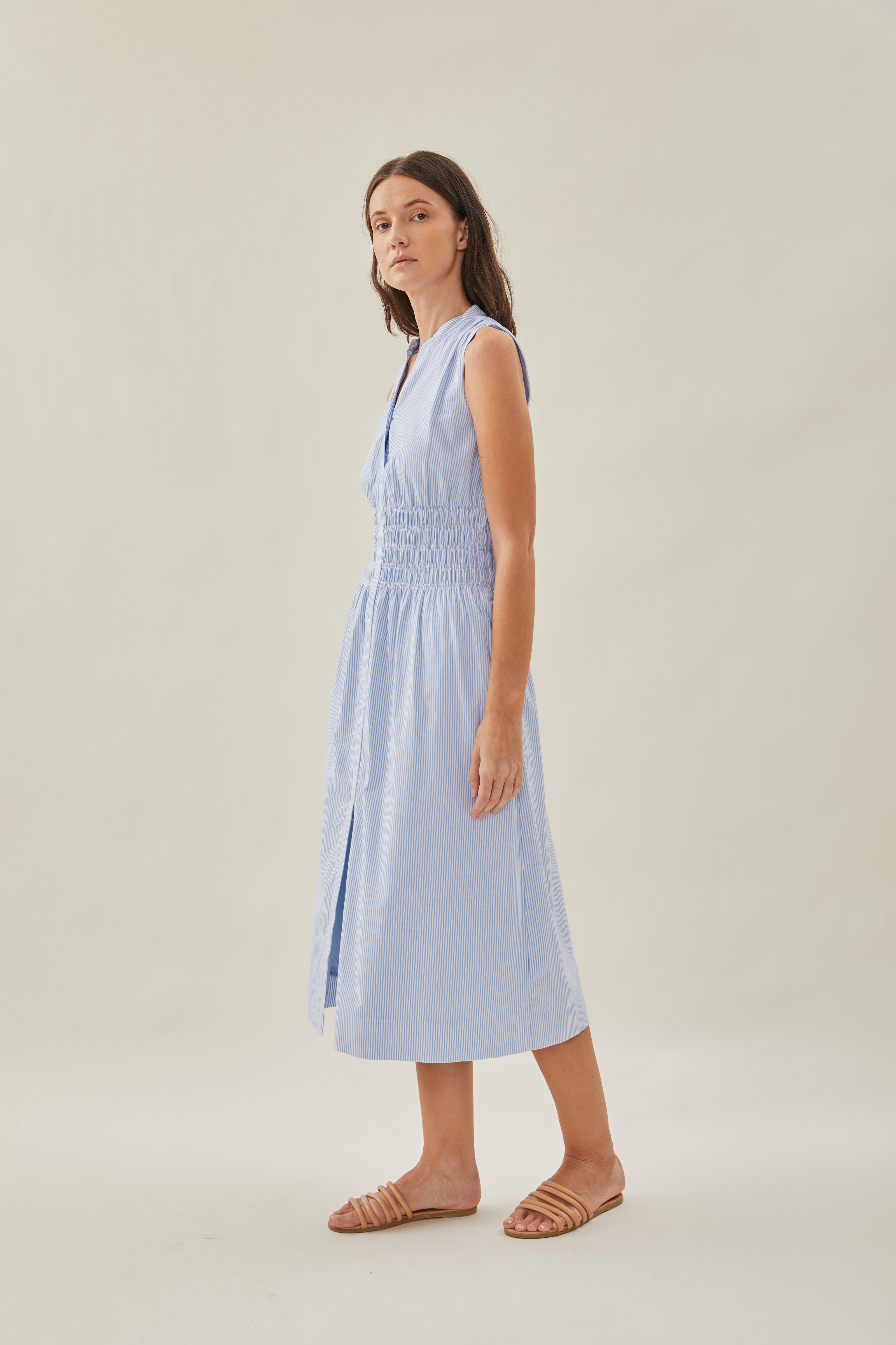 Buttoned-down Shirred Midi Dress in Stripe Blue