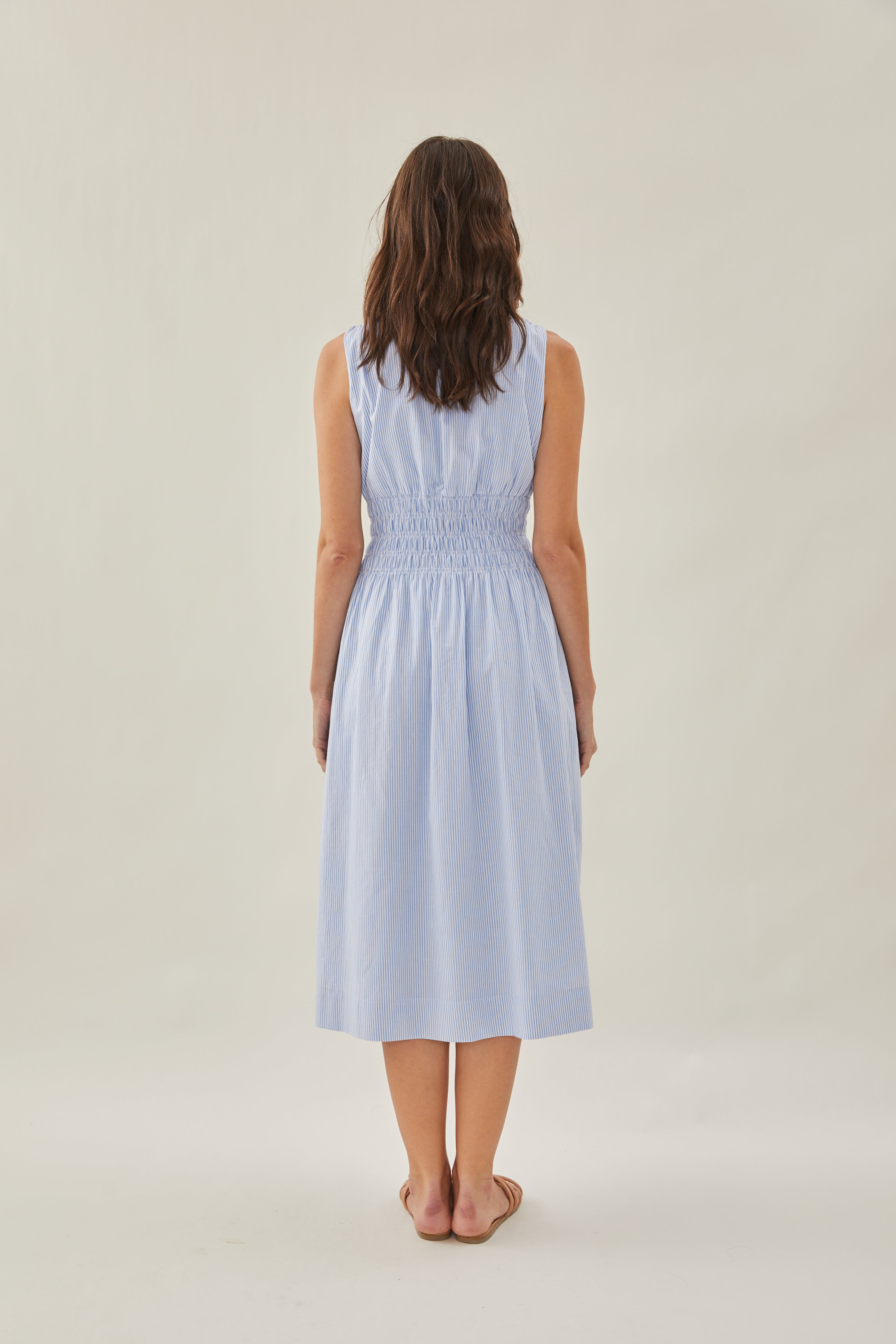 Buttoned-down Shirred Midi Dress in Stripe Blue