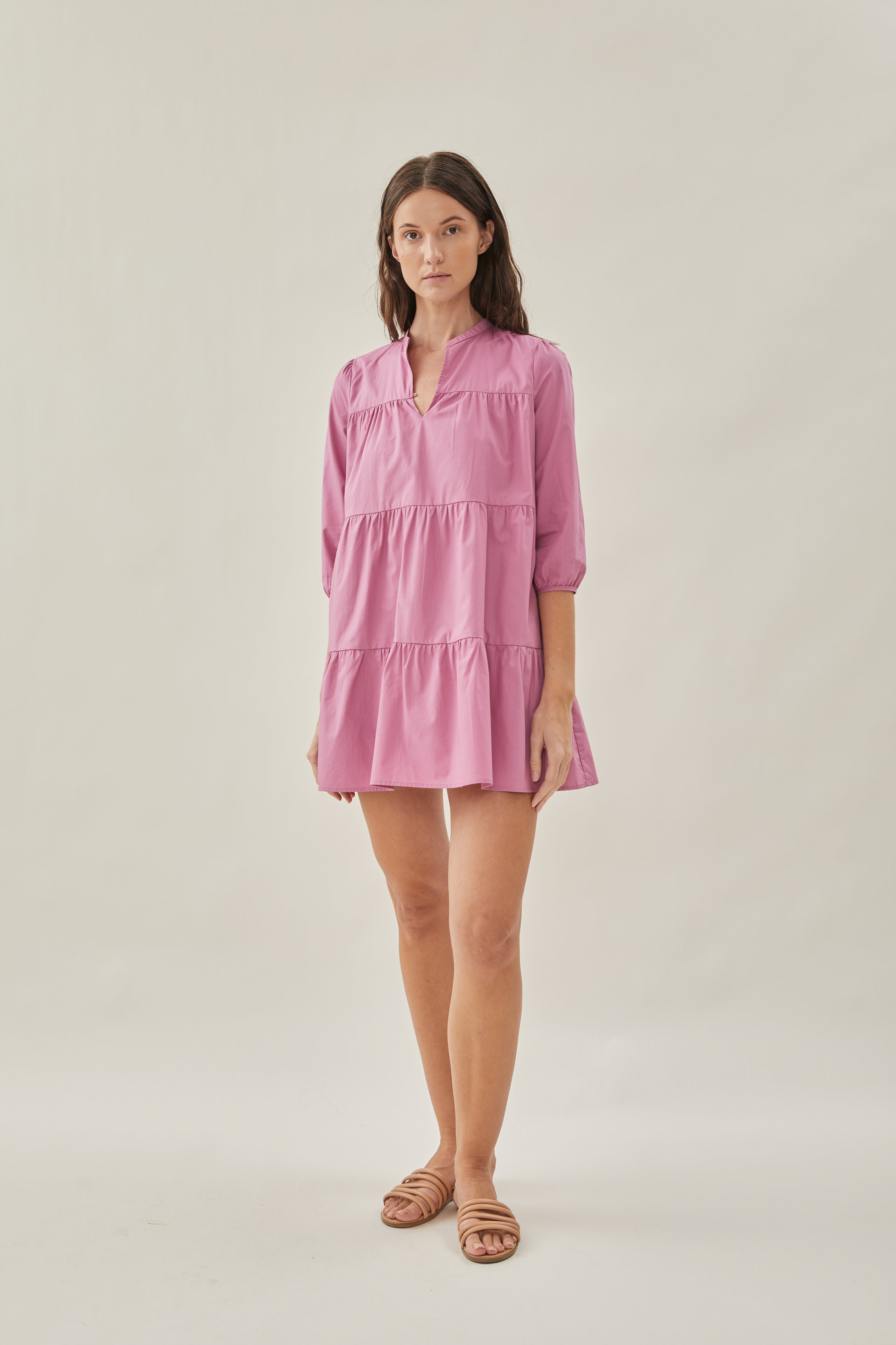 Sleeved Tiered Mini Dress in Hibiscus