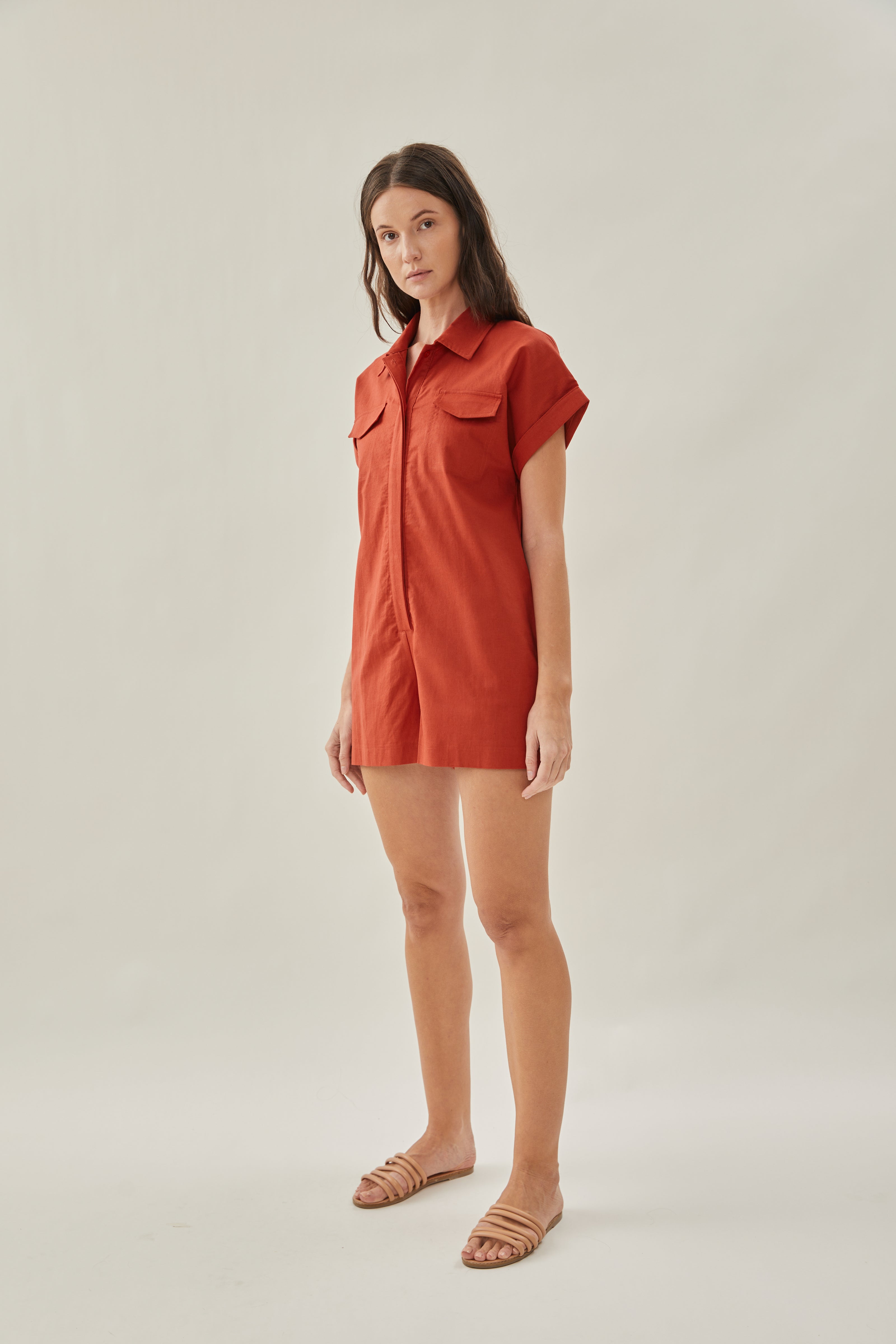 Shirt Linen Romper in Poppy Red