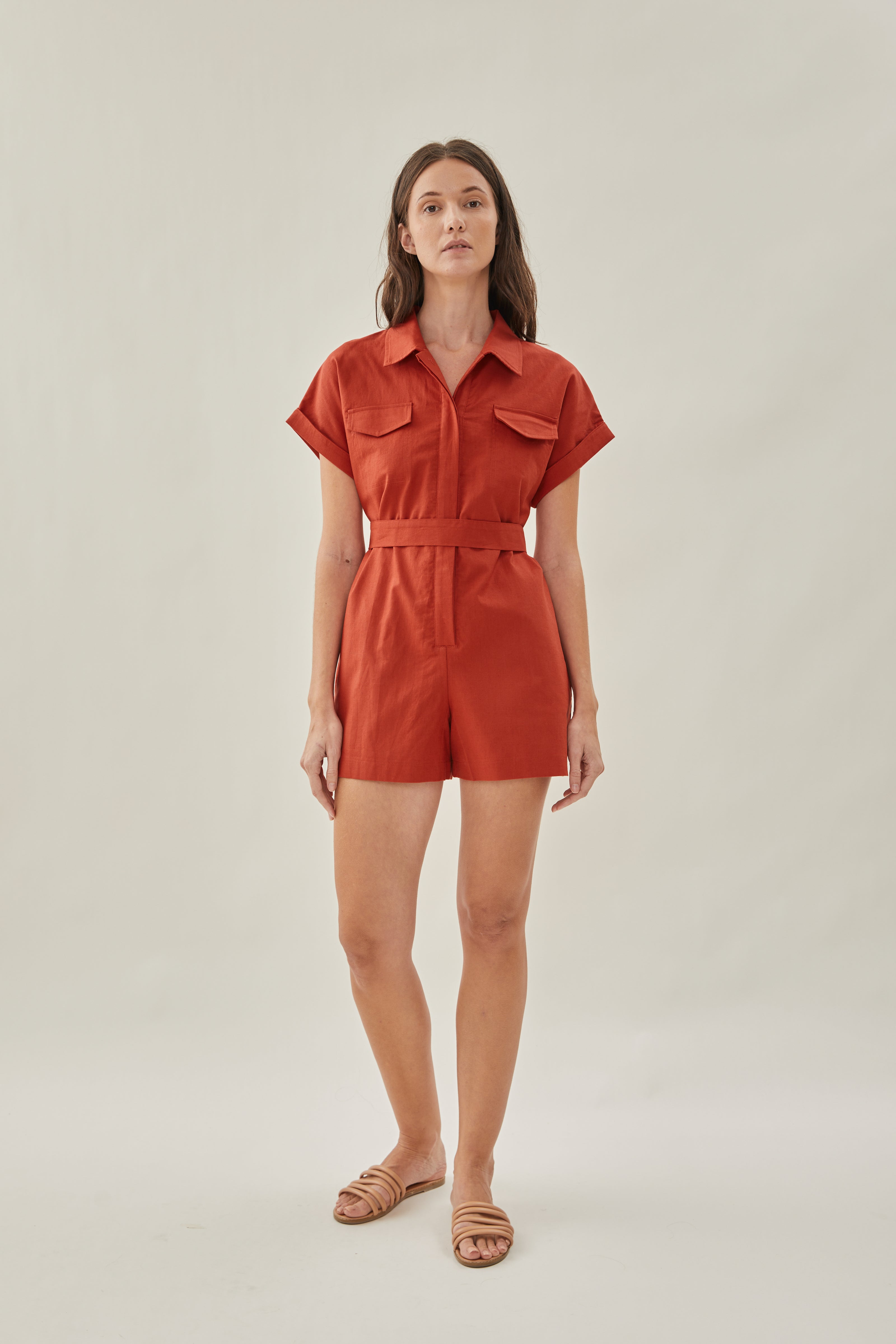 Shirt Linen Romper in Poppy Red