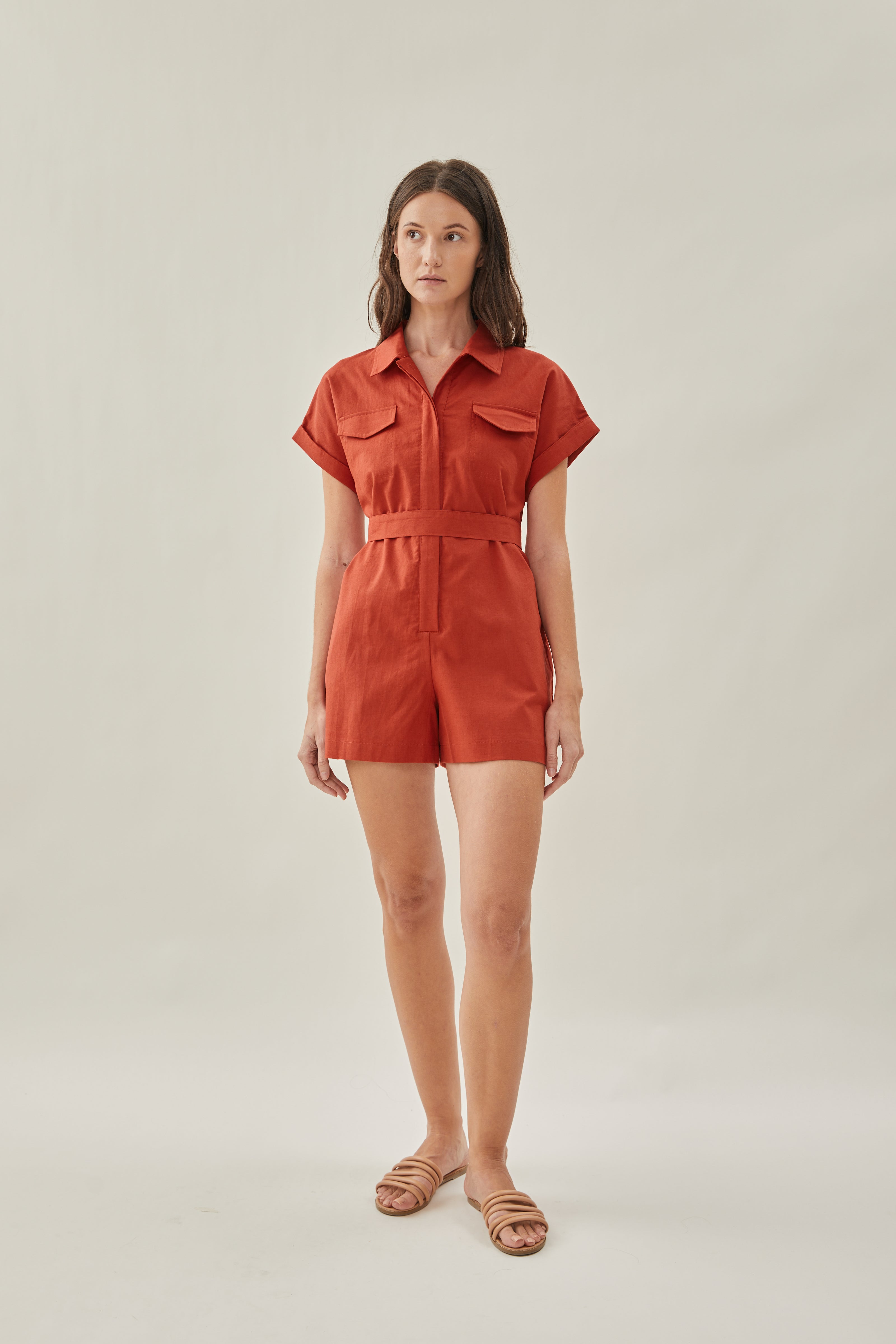 Shirt Linen Romper in Poppy Red