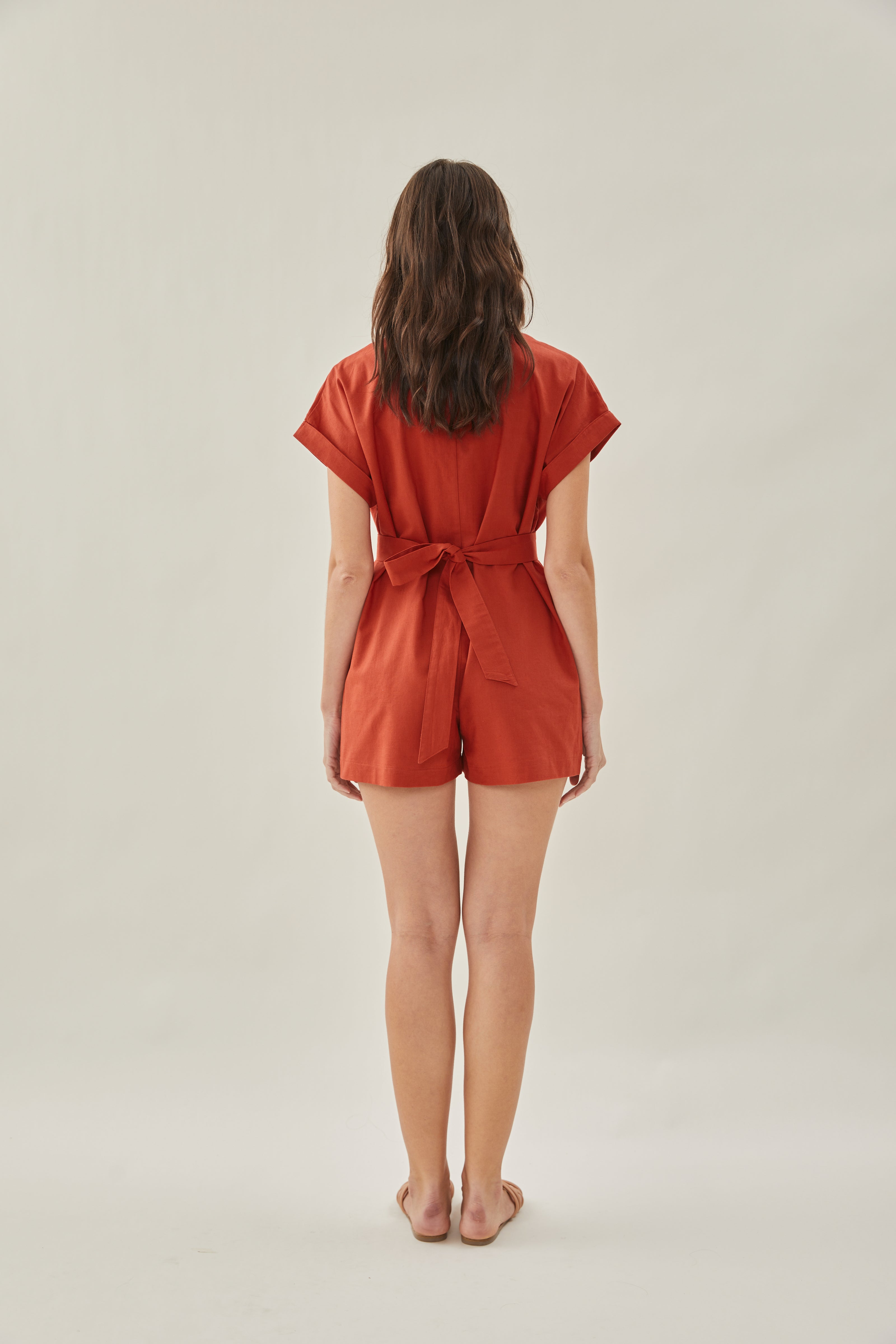 Shirt Linen Romper in Poppy Red