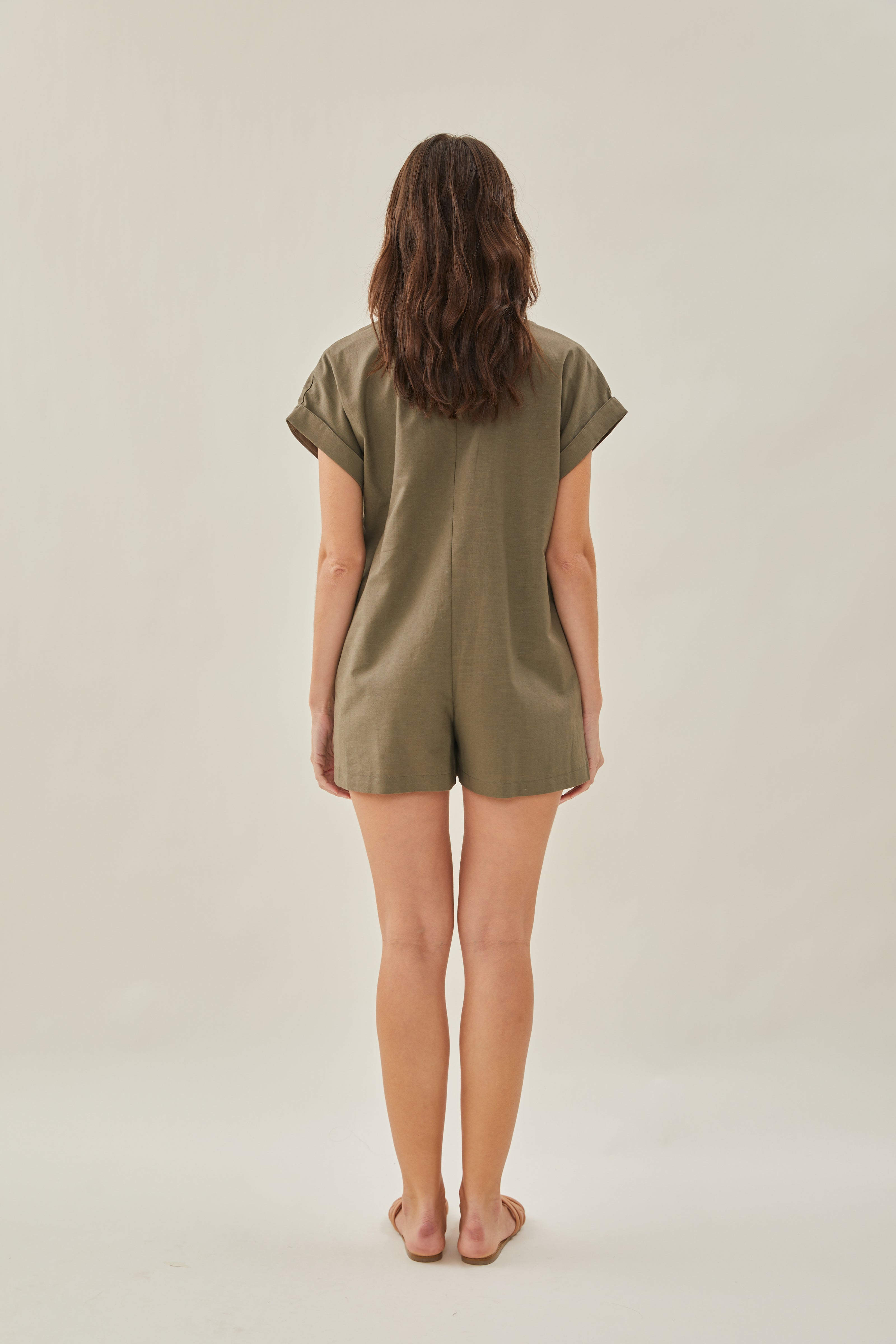 Shirt Linen Romper in Moss