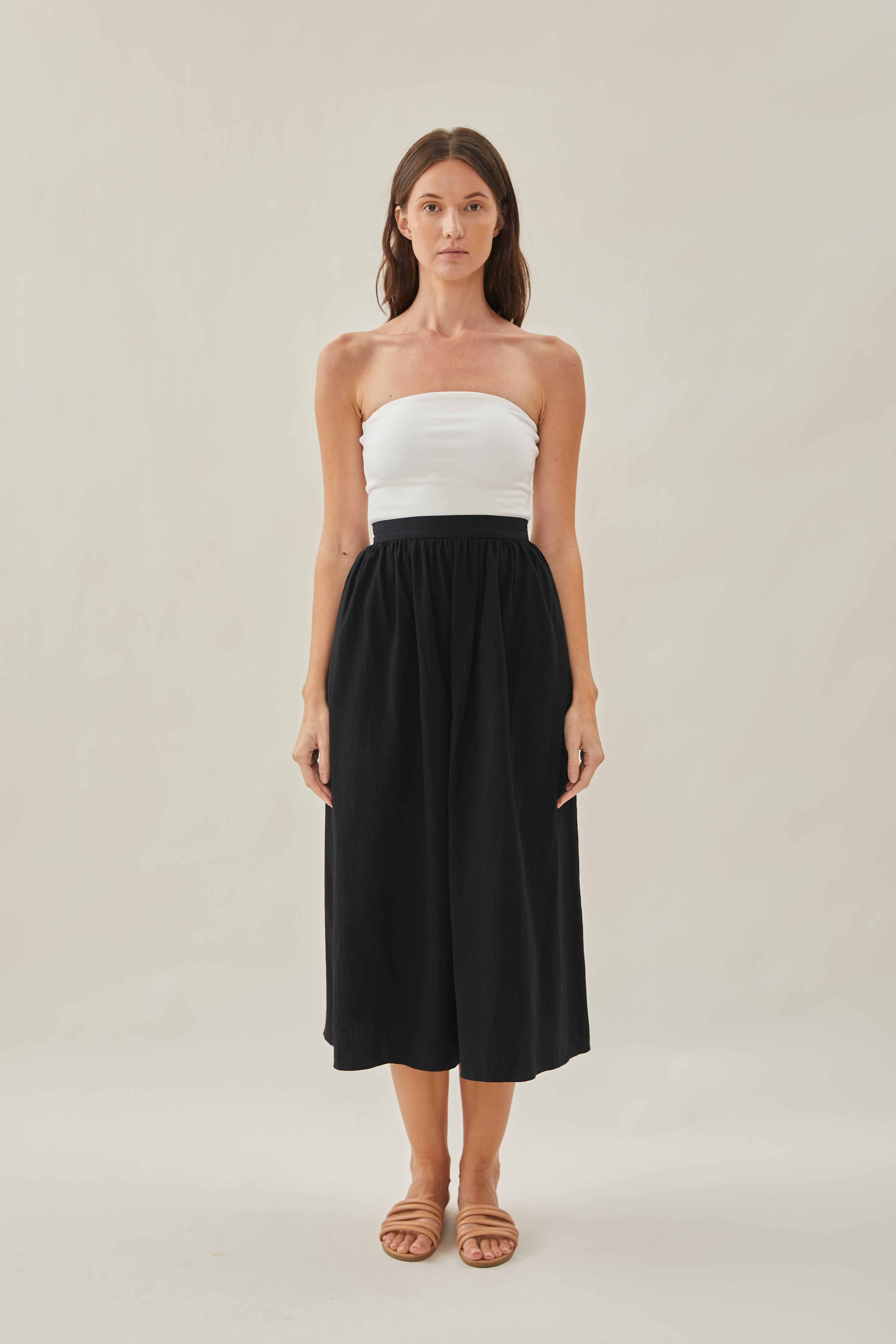 Cotton Gathered Midi Skirt in Black