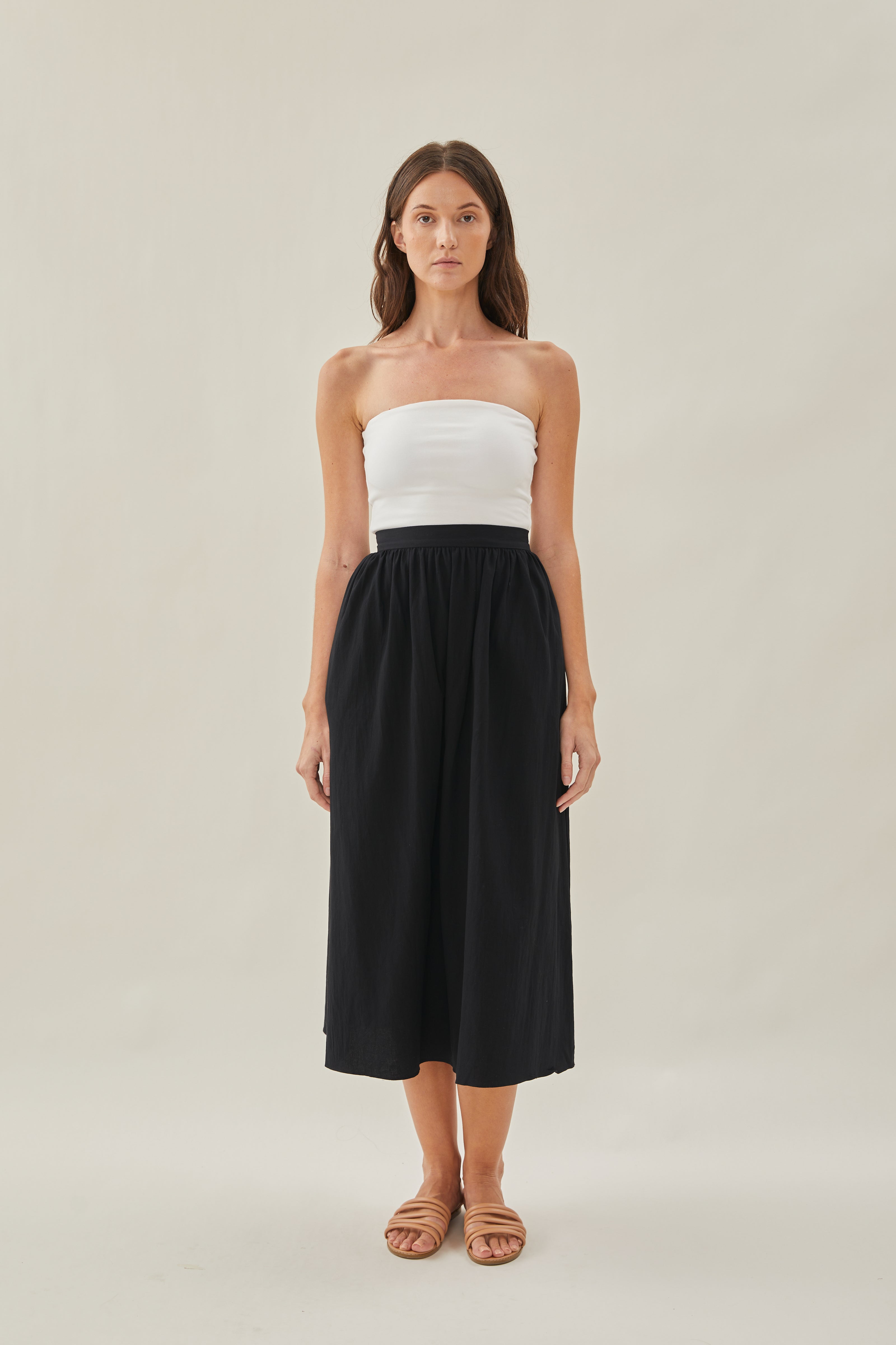 Cotton Gathered Midi Skirt in Black