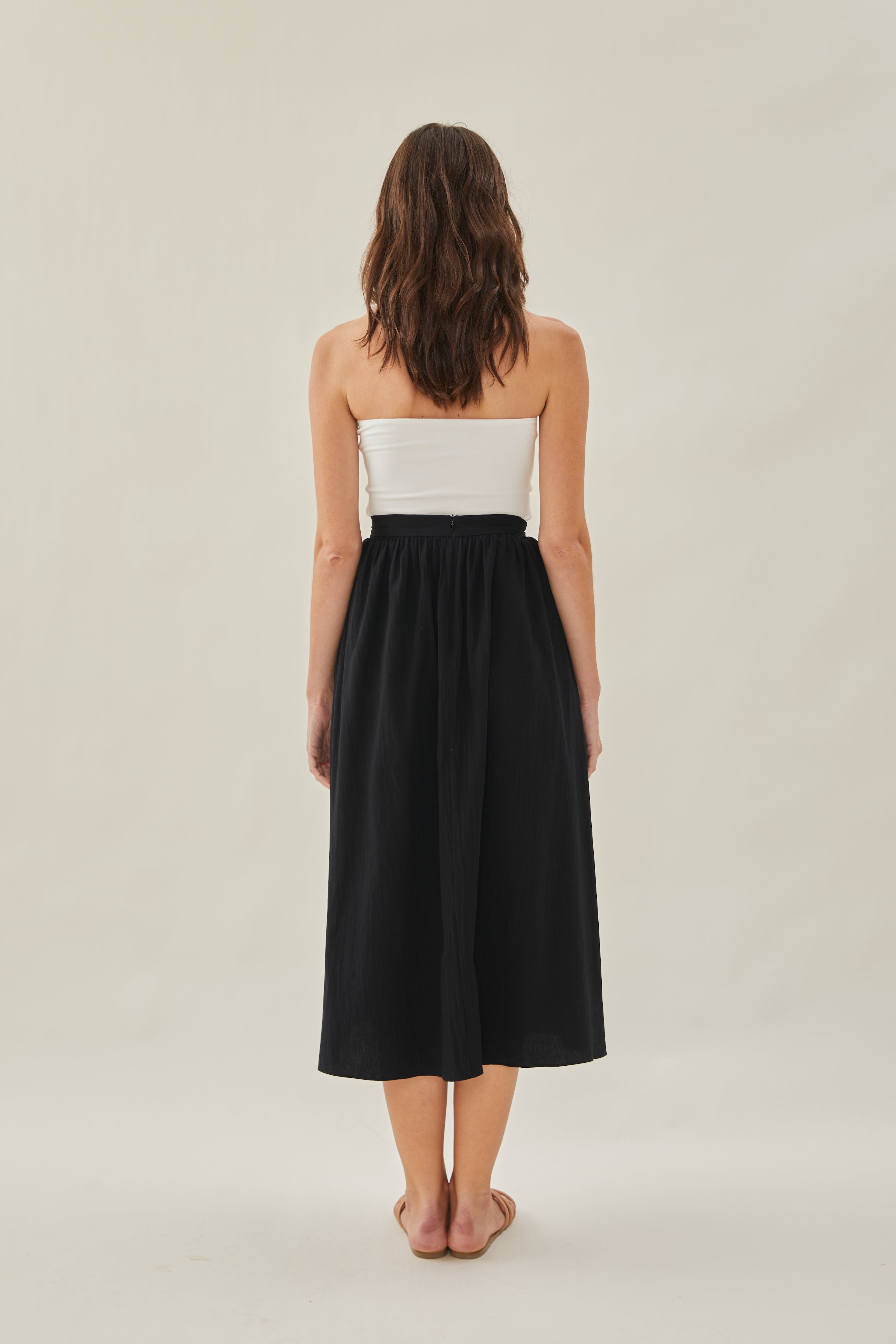 Cotton Gathered Midi Skirt in Black