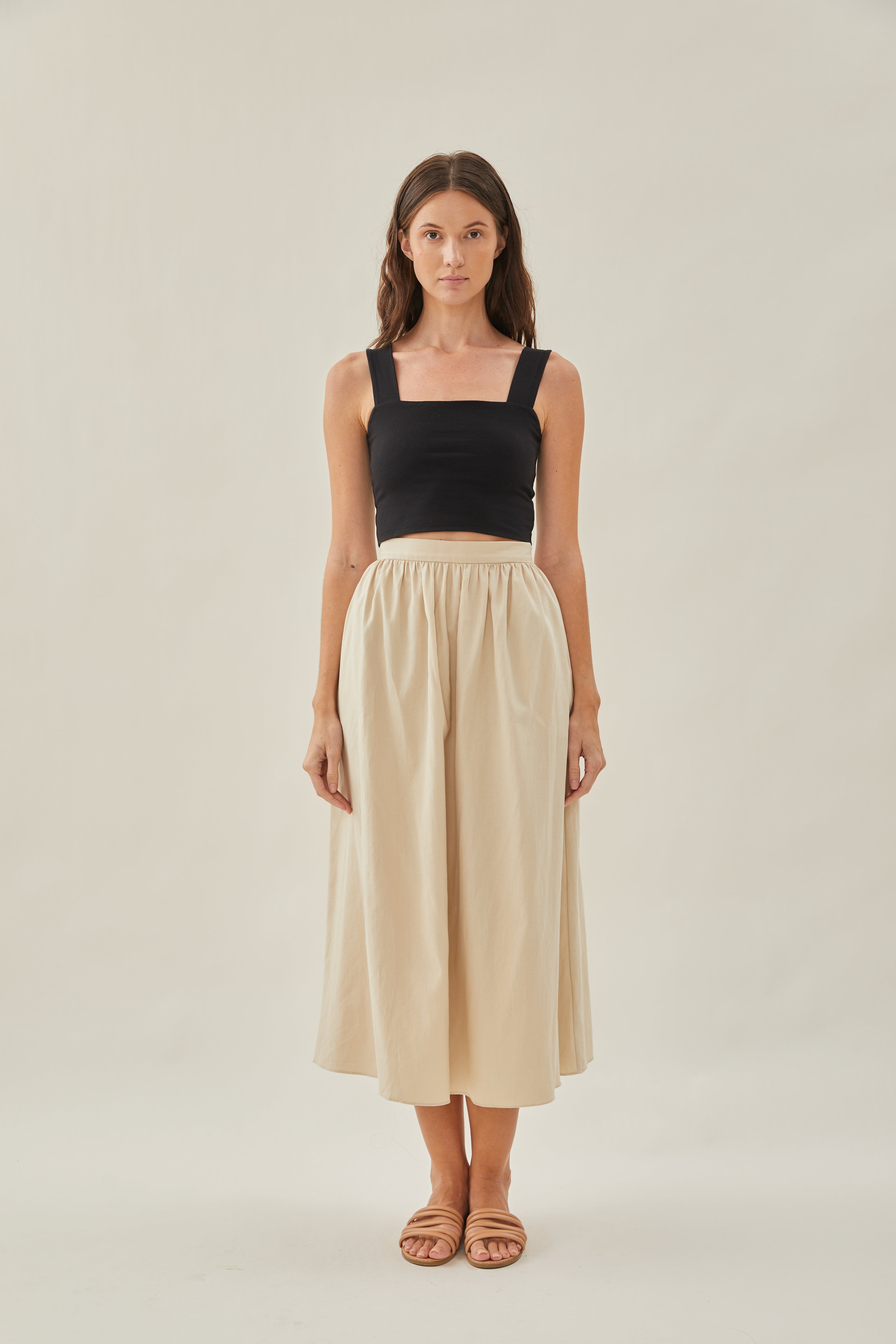 Cotton Gathered Midi Skirt in Oat