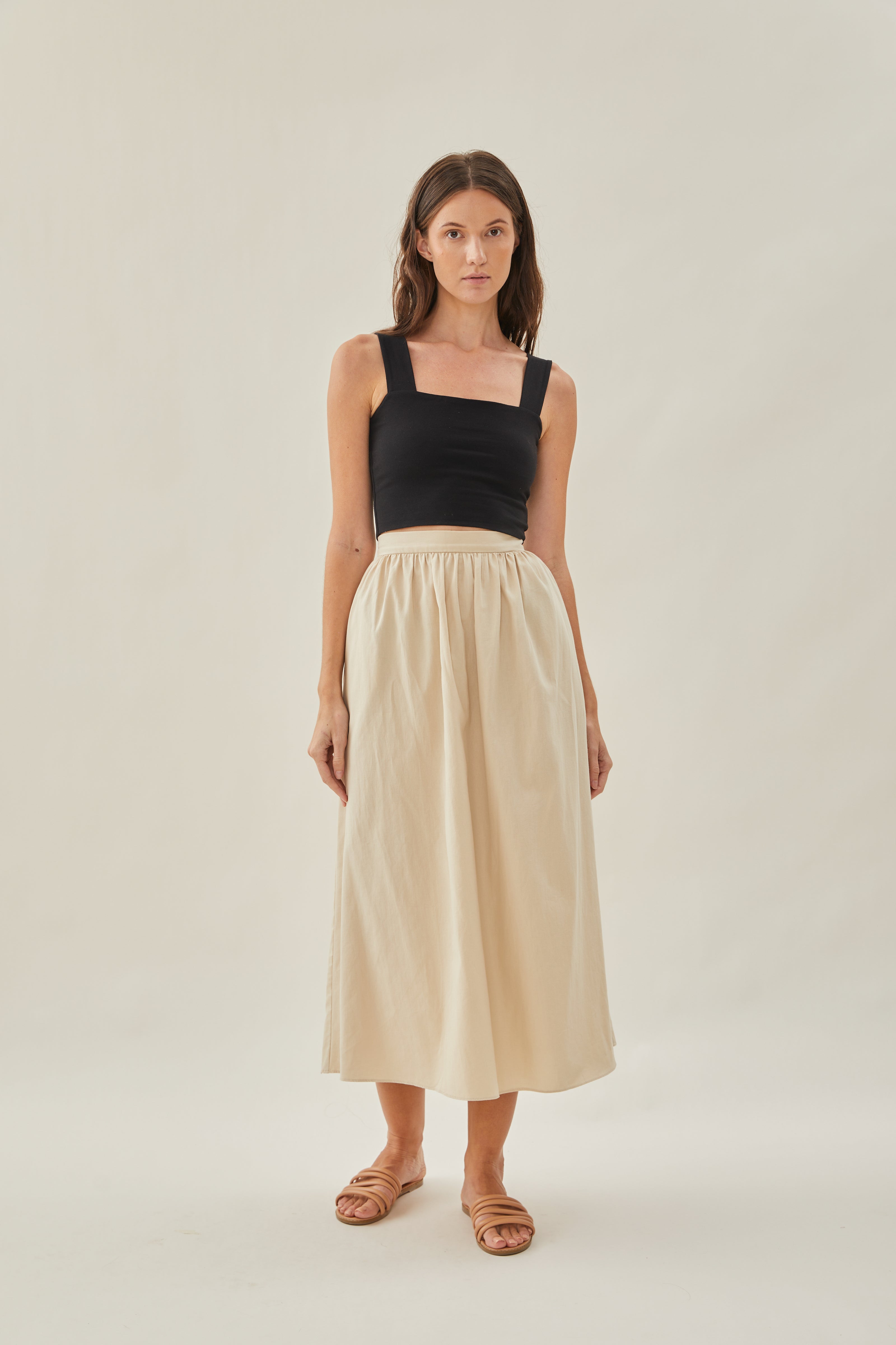 Cotton Gathered Midi Skirt in Oat