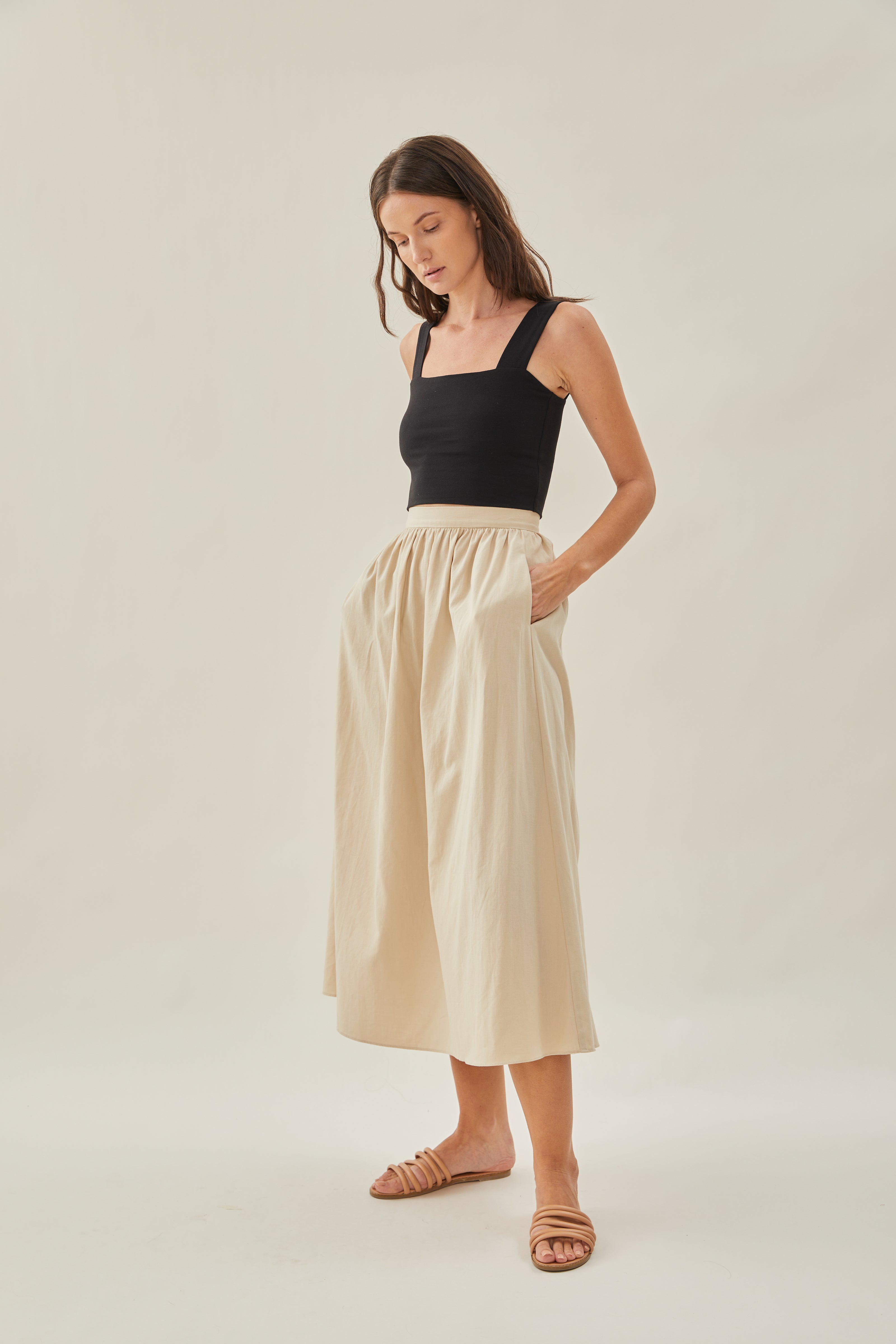 Cotton Gathered Midi Skirt in Oat