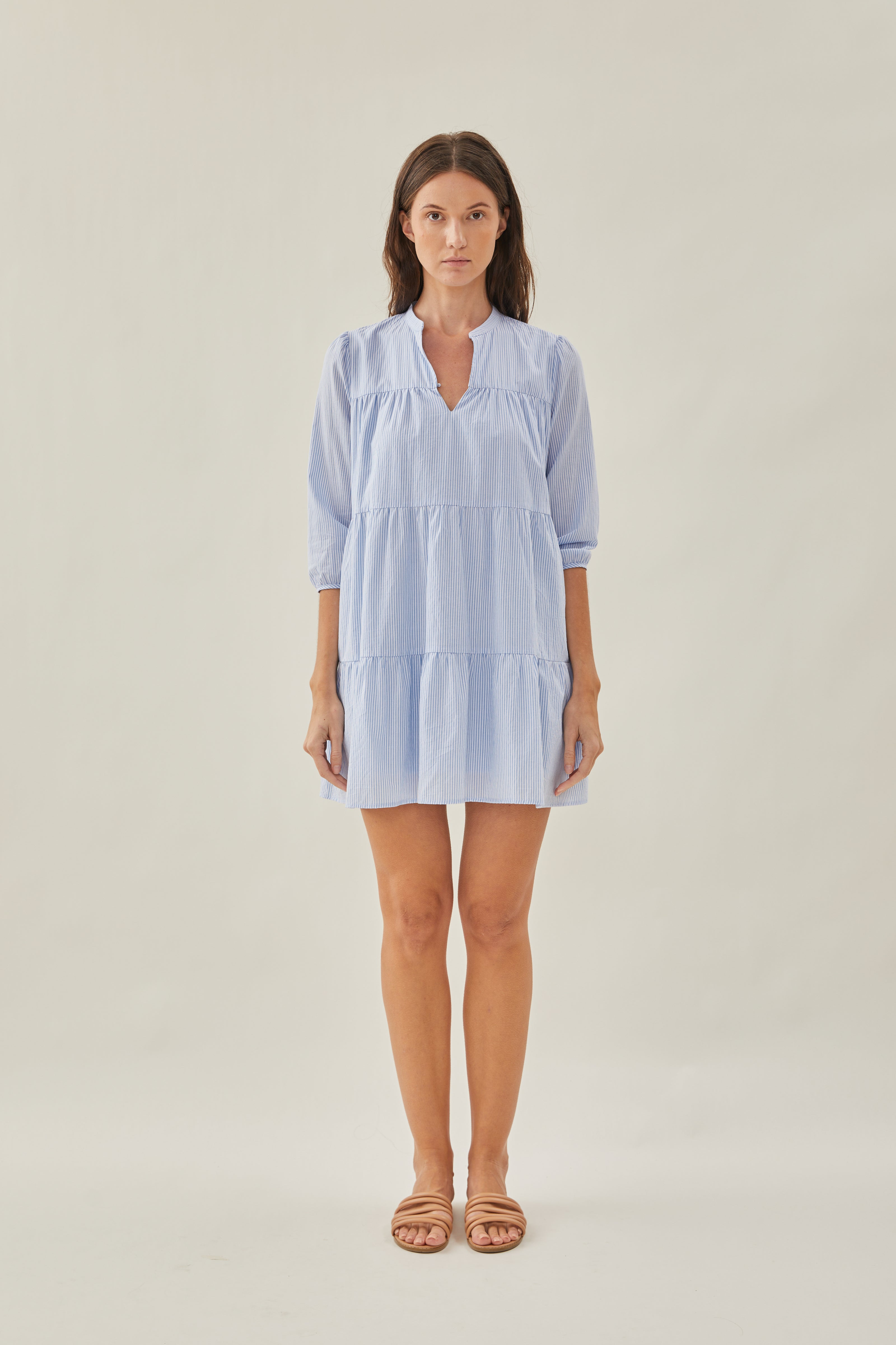 Sleeved Tiered Mini Dress in Stripe Blue