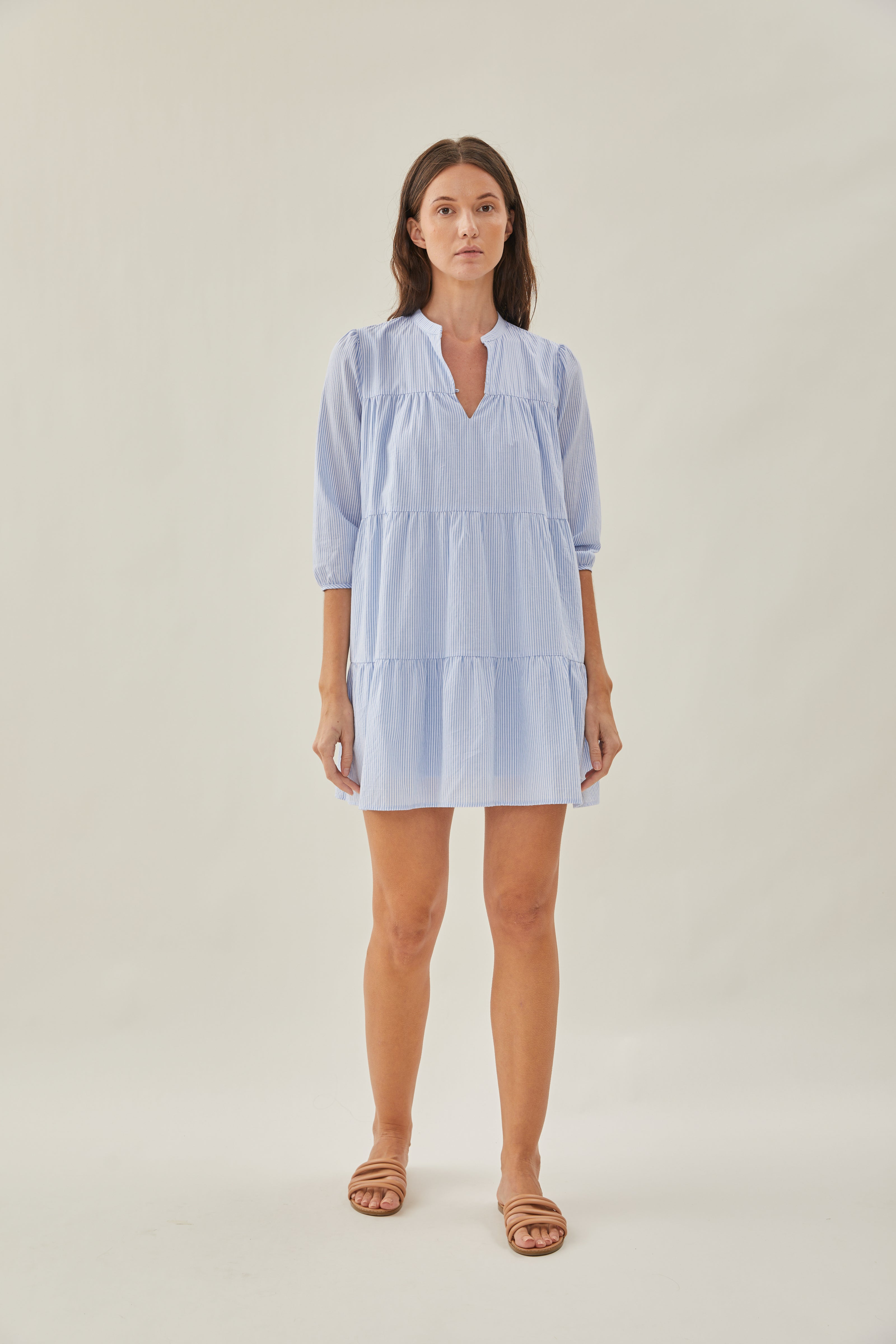 Sleeved Tiered Mini Dress in Stripe Blue