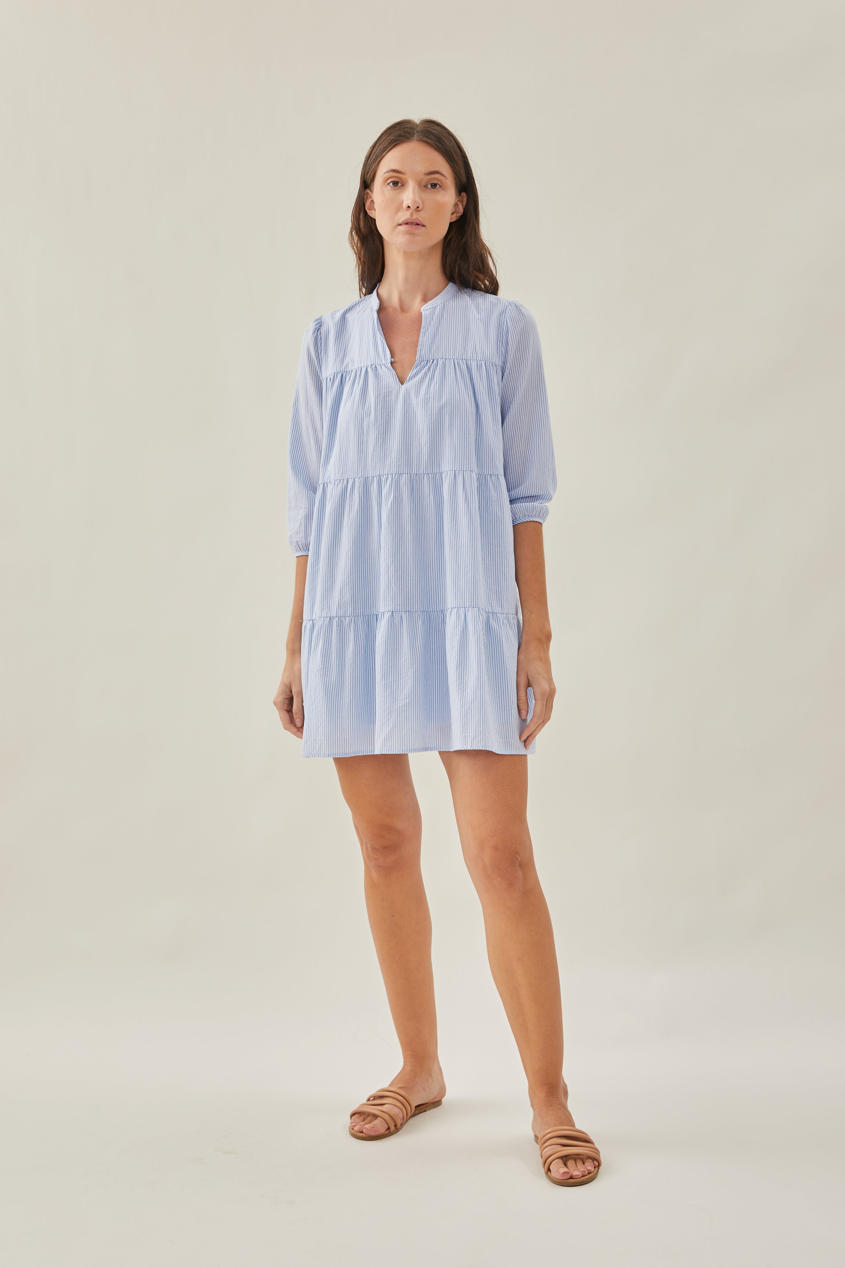 Sleeved Tiered Mini Dress in Stripe Blue