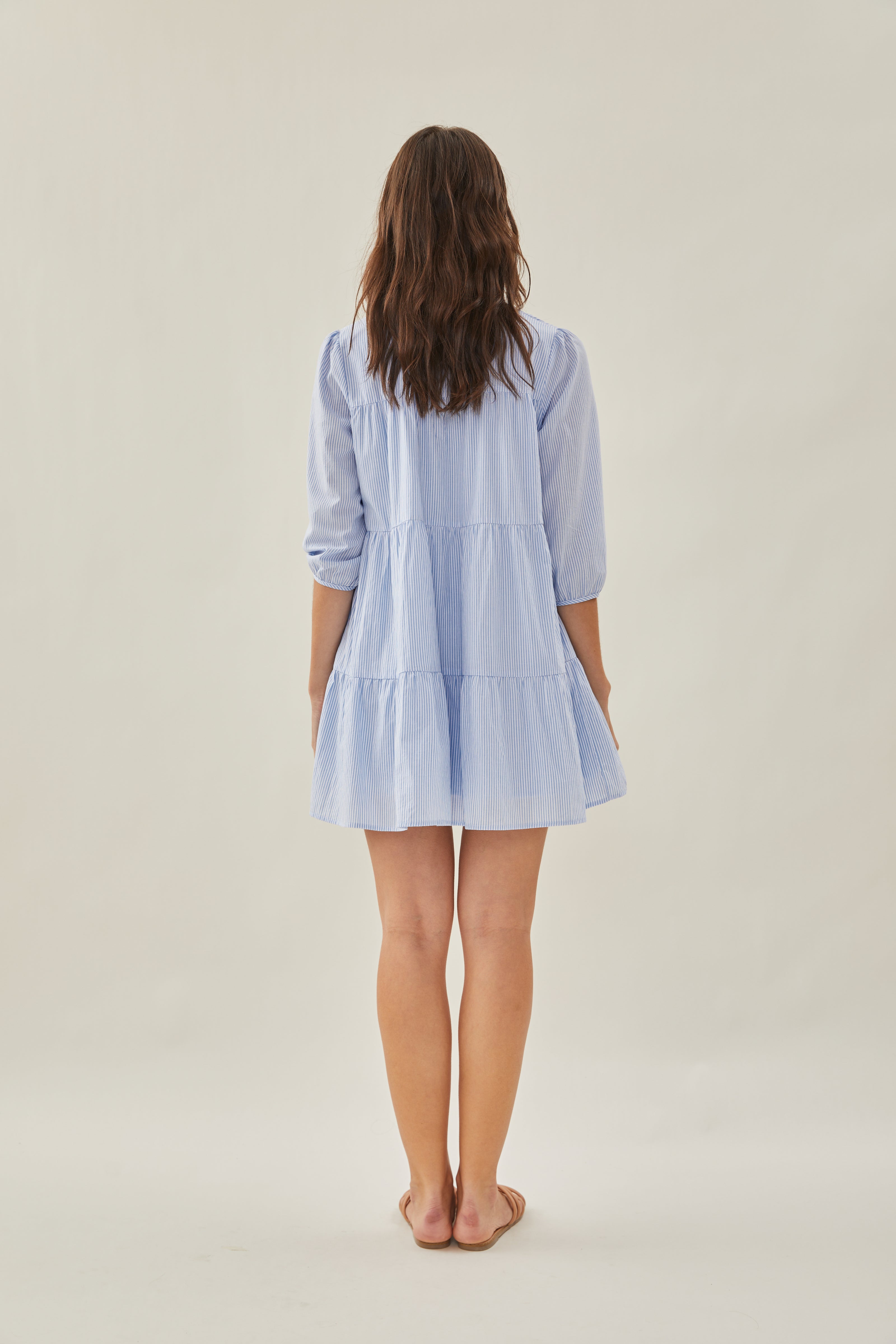 Sleeved Tiered Mini Dress in Stripe Blue